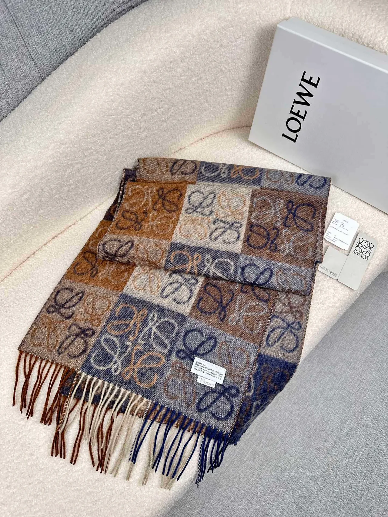 Loewe Monogram Jacquard Navy and Beige Cashmere Scarf
