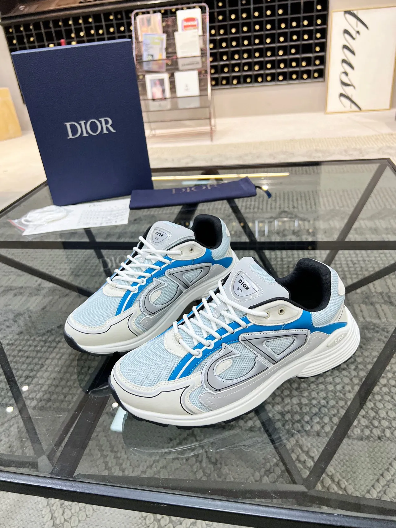Dior B23 Blue Gray Oversized Logo Motif Layered Mesh And Synthetic Overlays Chunky Sneakers