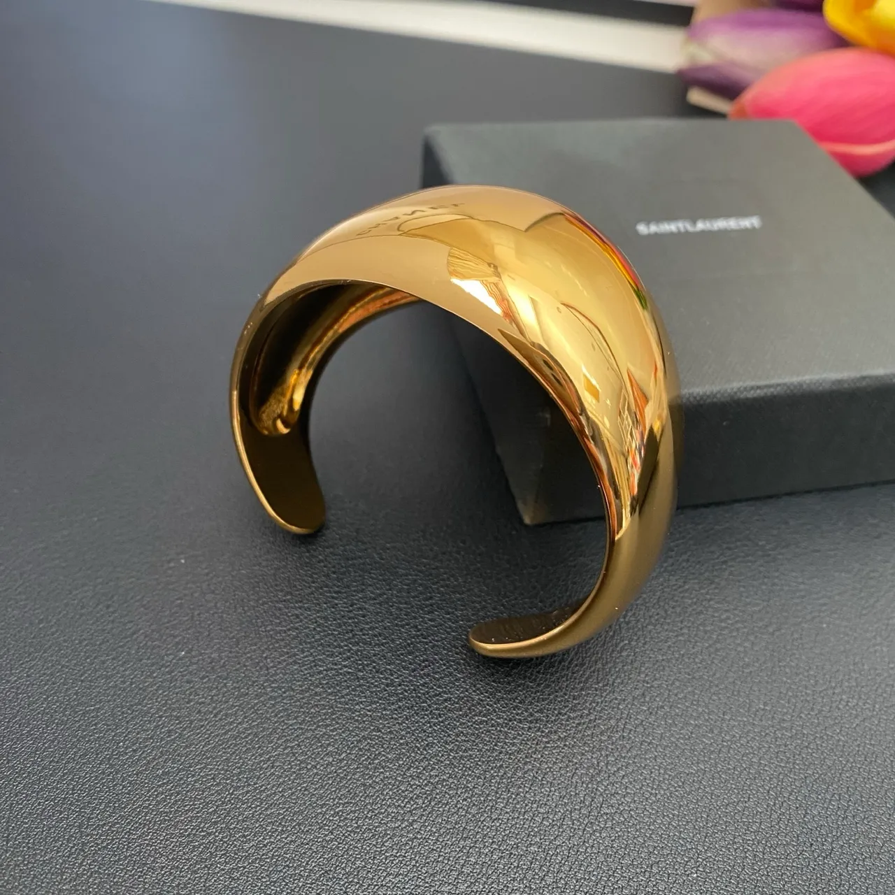 Saint Laurent Wide High-Polish Gold Cuff Bracelet
