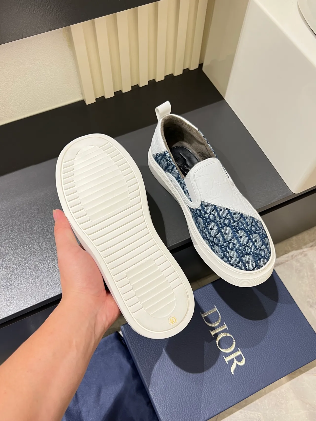 Dior White Navy Slip-On Embossed Leather Lifestyle Sneakers