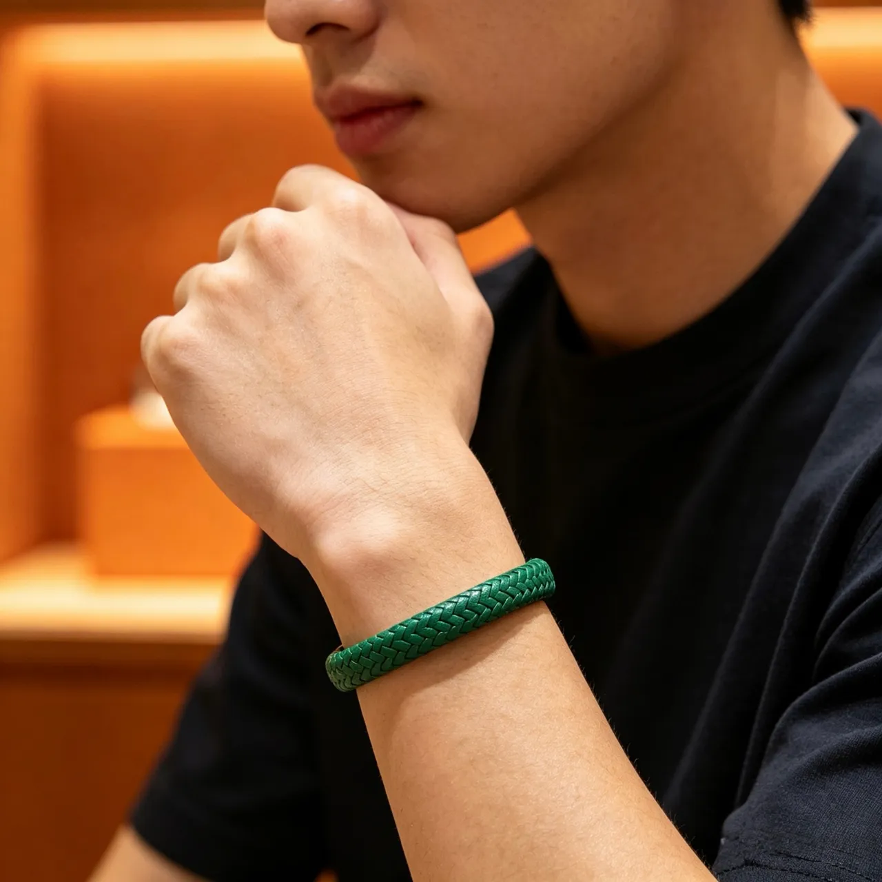 Hermès Green Silver Braided Leather Magnetic Clasp Bracelet