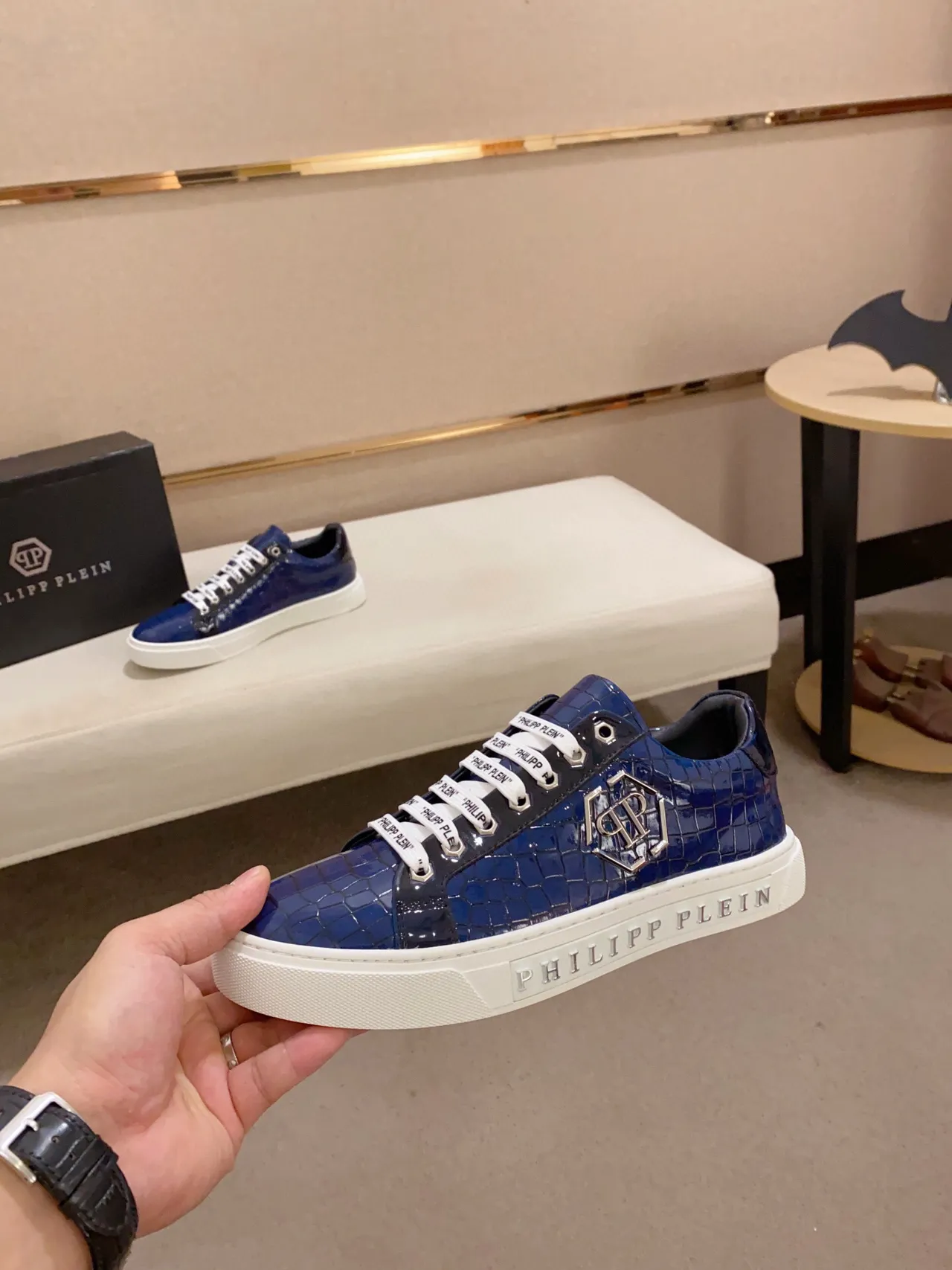 Philipp Plein Blue Croc-Embossed Logo Sneaker