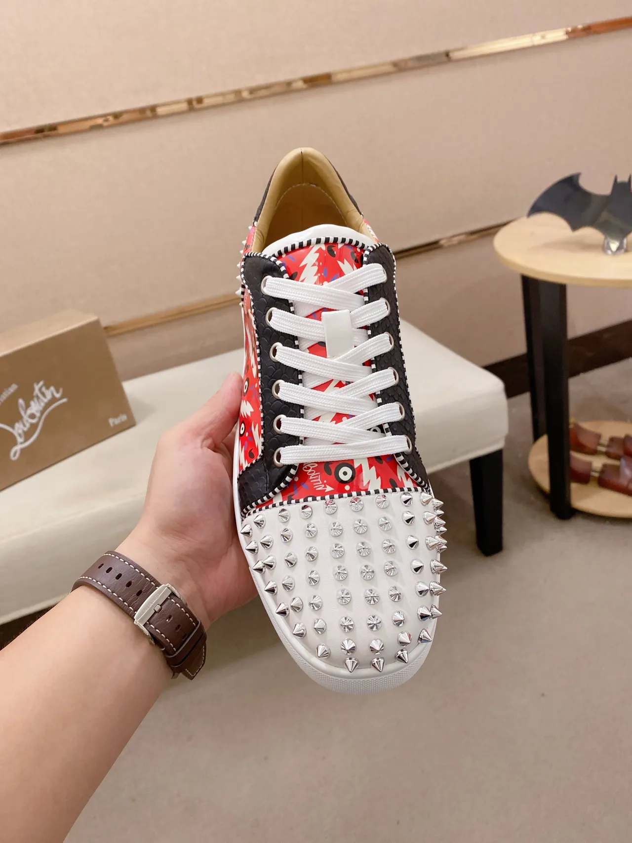 Christian Louboutin Spike Sneaker Red Black White Studded Lifestyle Sneakers