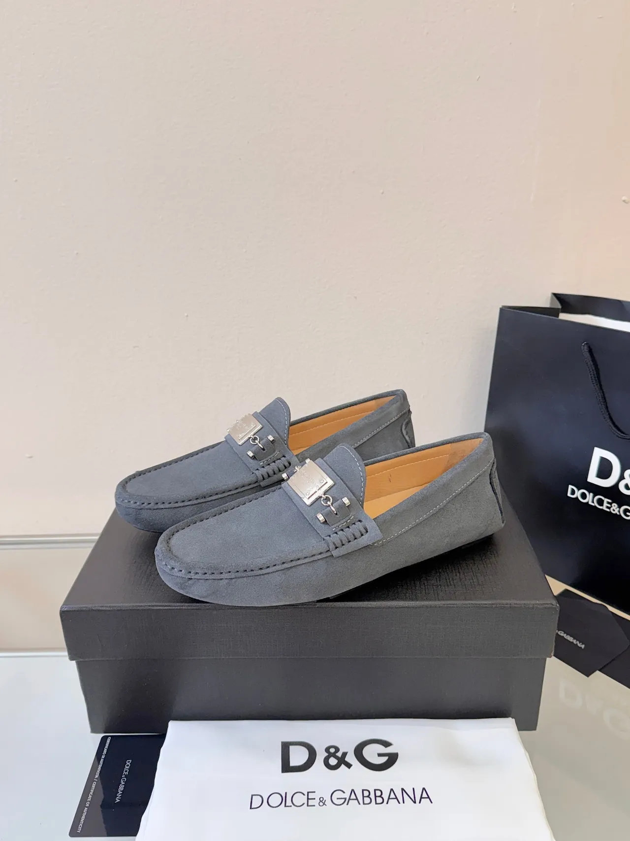 Dolce & Gabbana Portofino Gray Black Suede Upper Metal Plaque Buckle Loafer