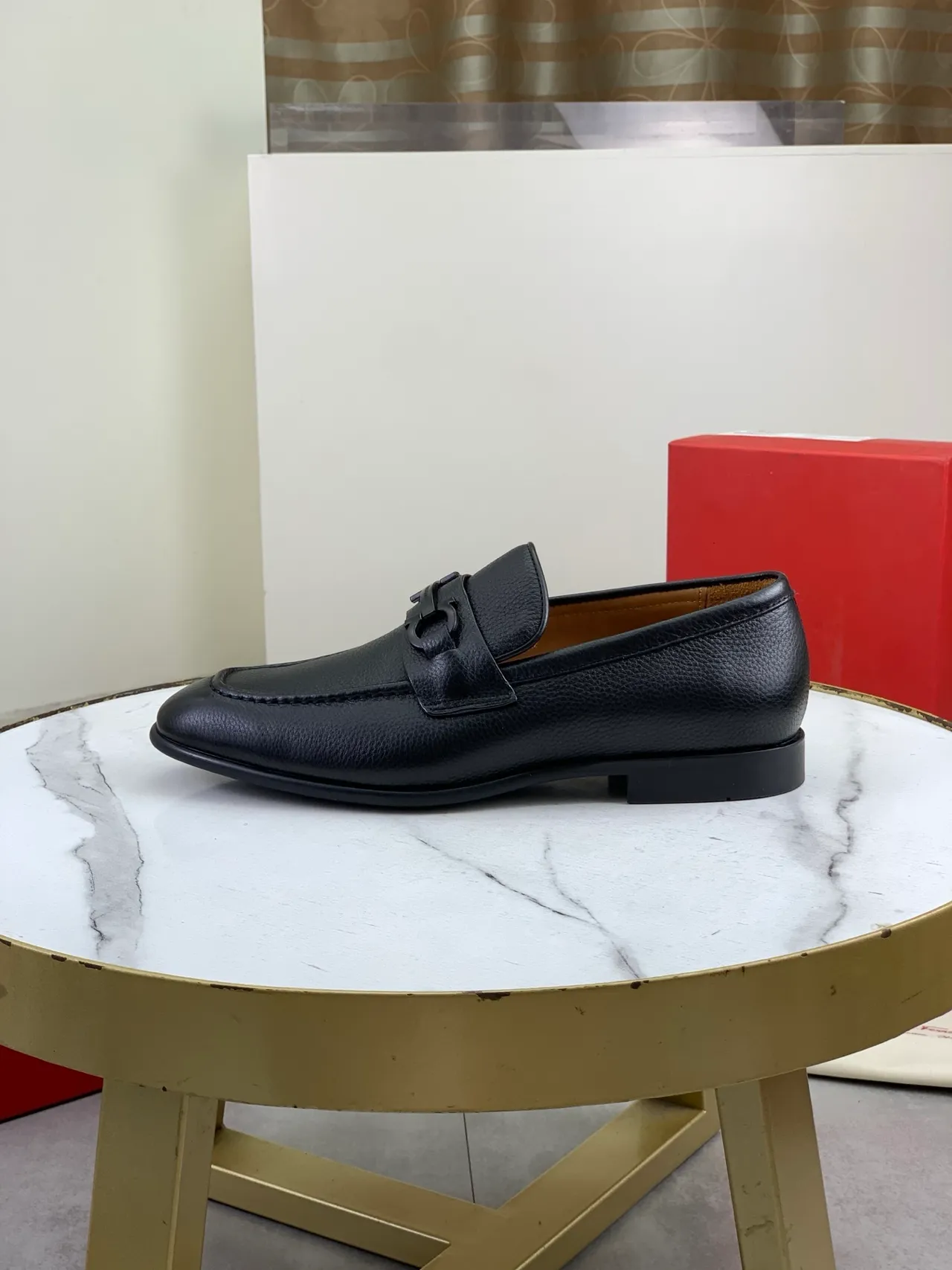 Salvatore Ferragamo Gancini Loafer Black Pebbled Leather Square Toe Loafers