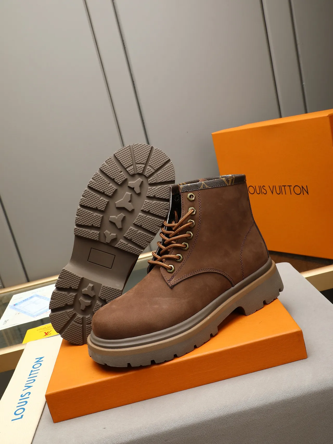 Brown Beige Suede Upper Lace-Up Front Work Boots