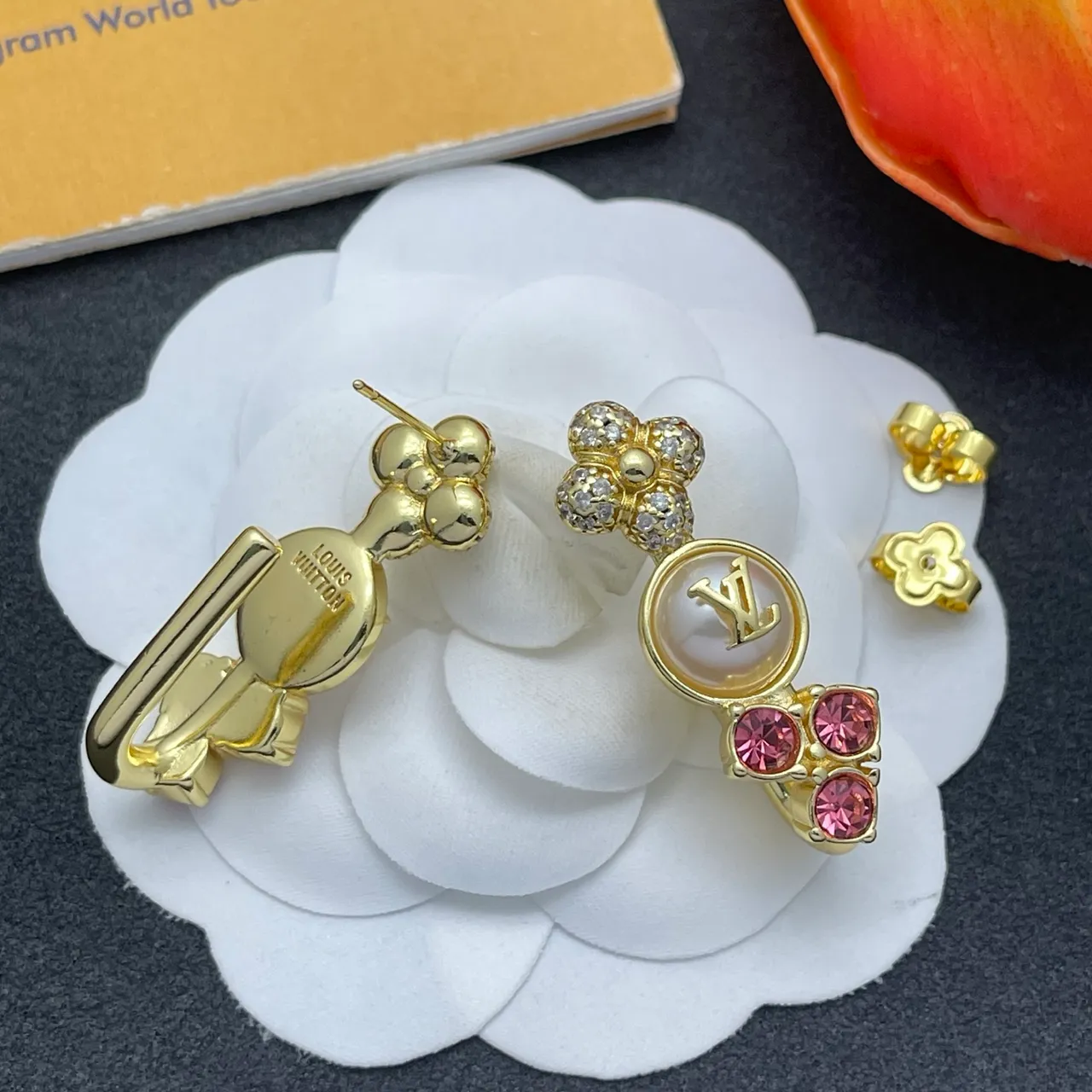 Louis Vuitton Gold Pink Floral-Top Pearl-Drop Earrings