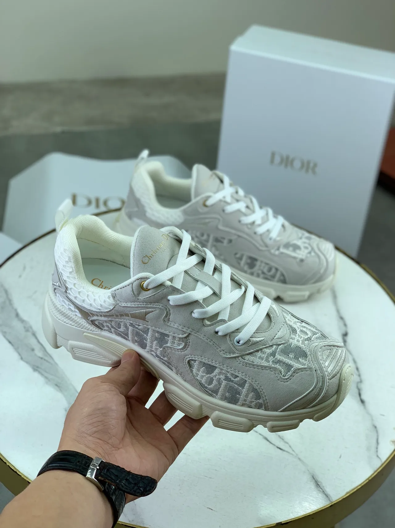 Dior Gray White Sole Oblique Monogram Overlay Chunky Sneakers