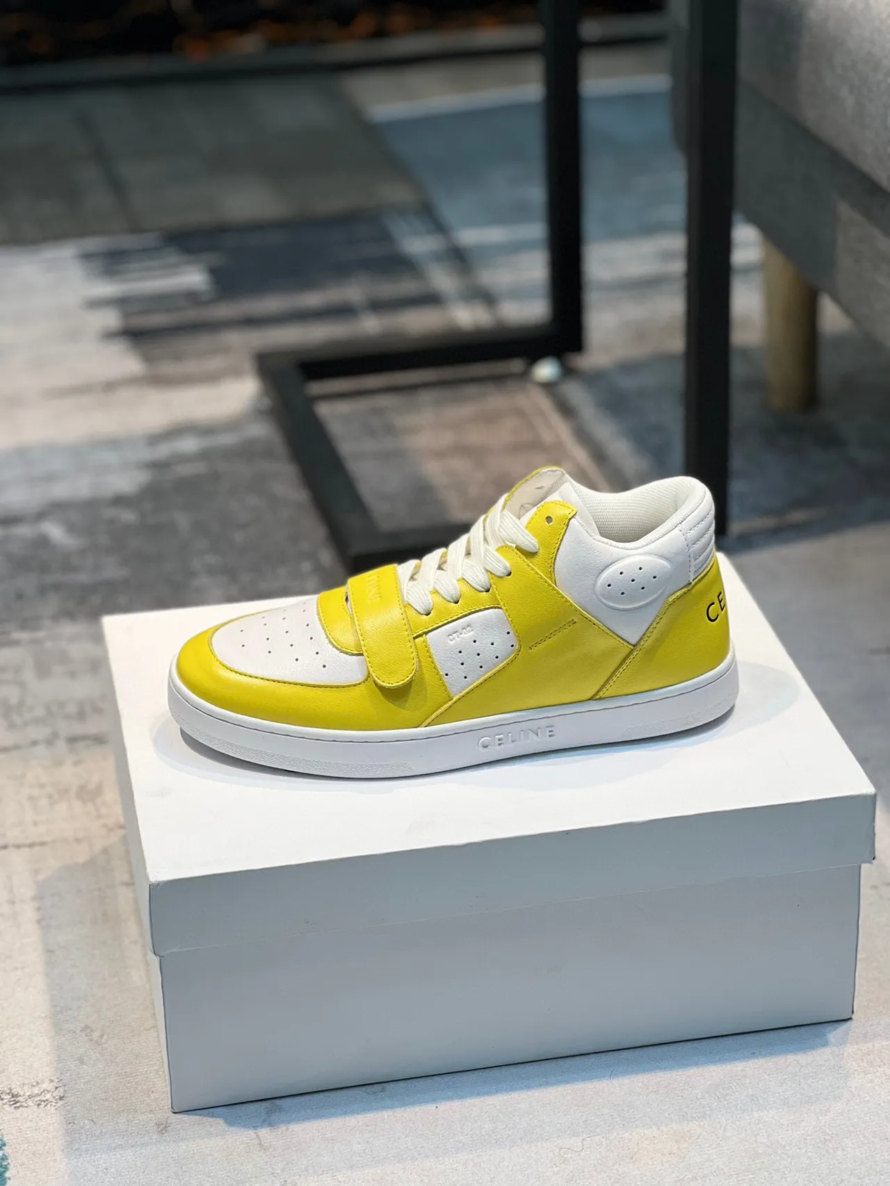 Celine CT-01 Yellow and White Leather High-Top Lifestyle Sneaker