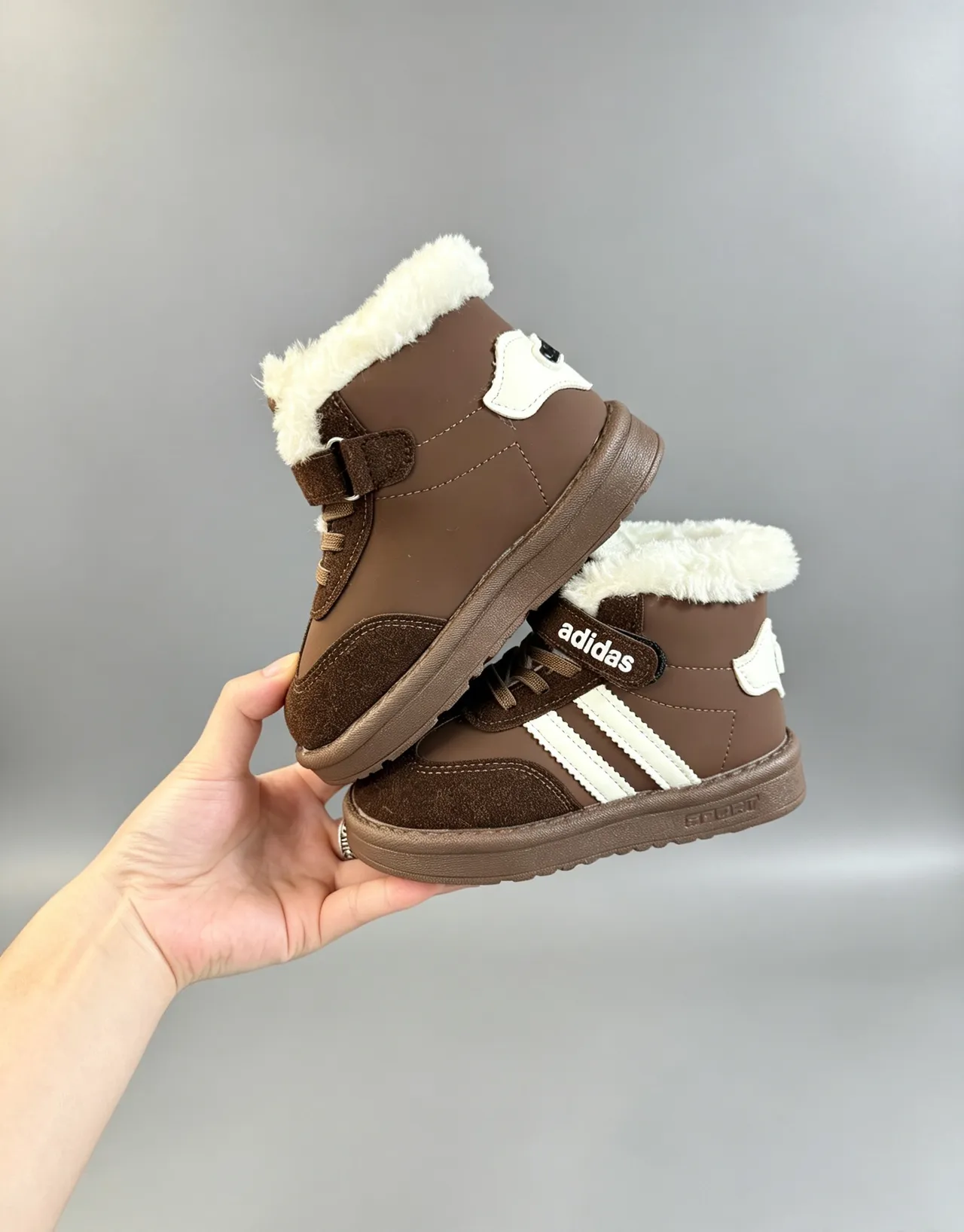 Adidas Brown White Fur-Lined Collar Three-Stripe Side Panel Snow Boots