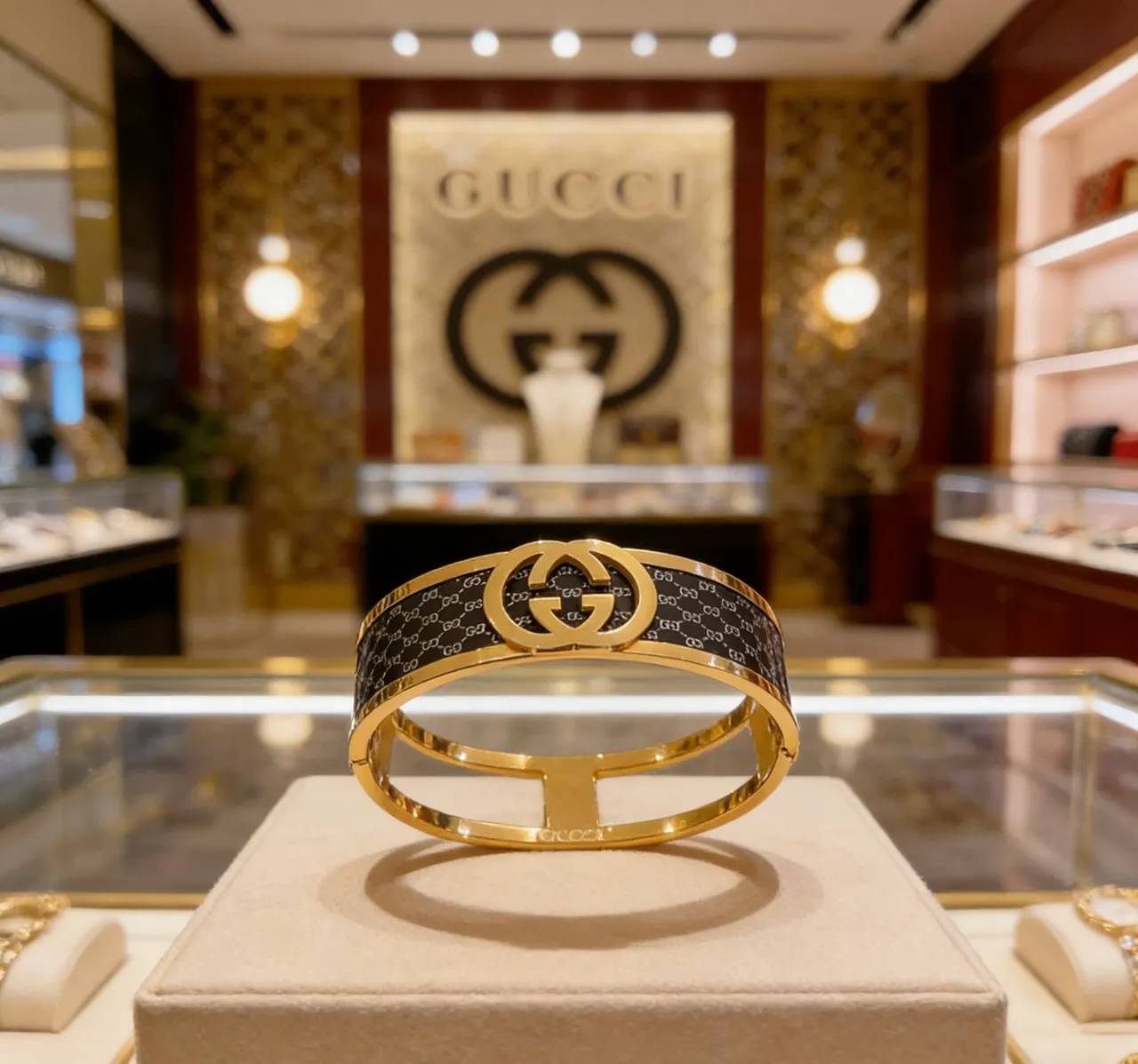 Gucci Interlocking G Monogram Black Enamel Gold-Tone Bracelet