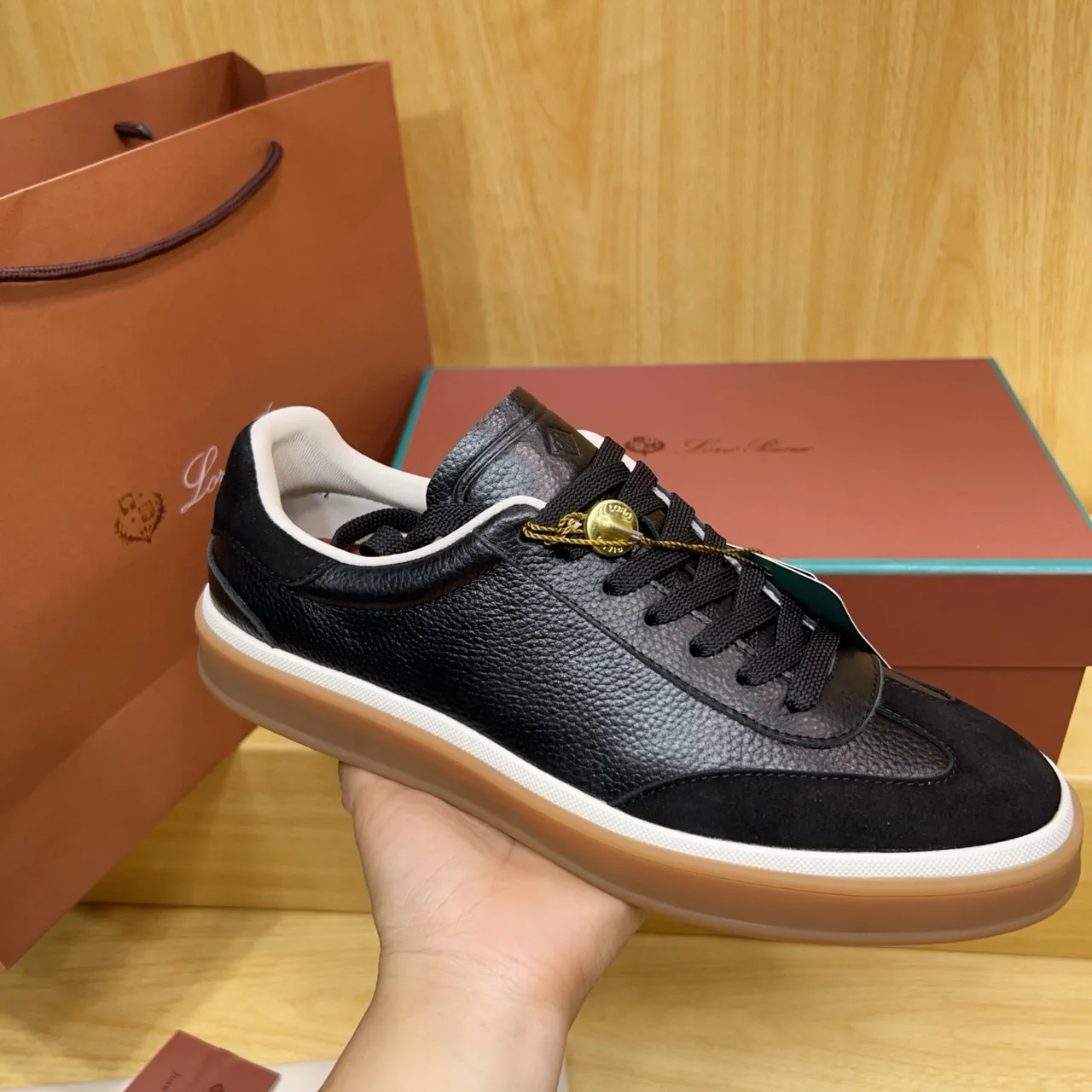 Loewe Black Beige Pebbled Leather Suede Accents Lifestyle Sneakers