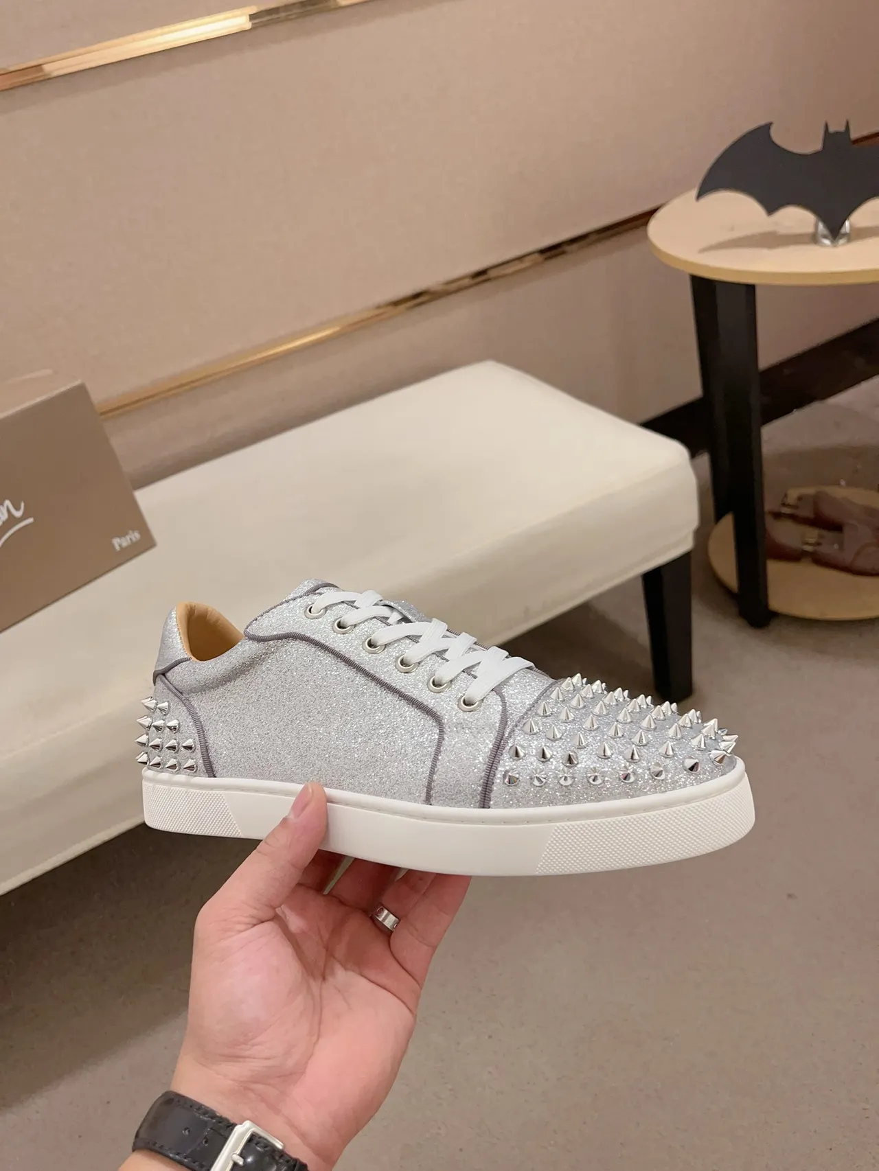 Christian Louboutin Louis Spikes Silver Glitter Spike-Embellished Lifestyle Sneakers