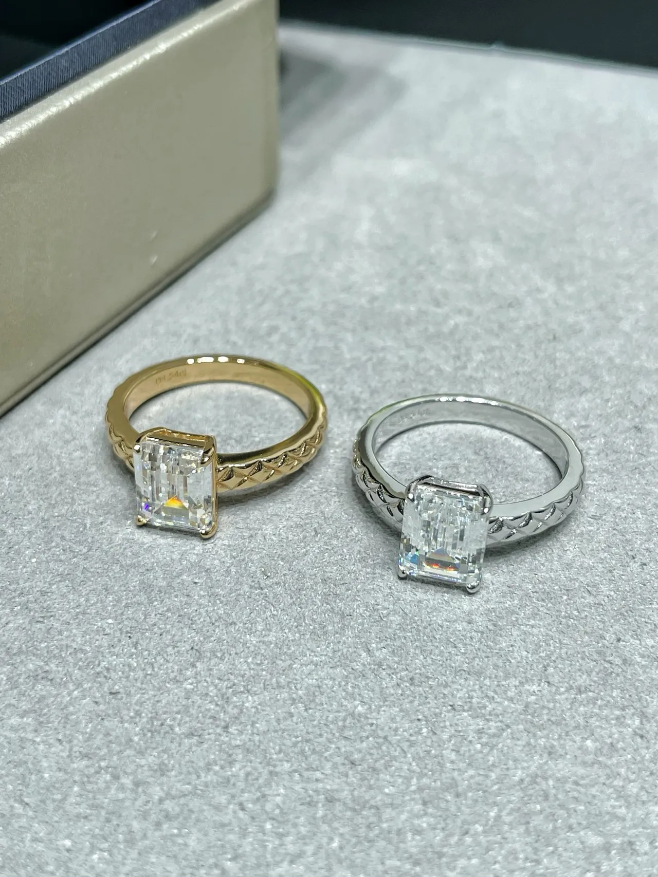 Gold Silver Emerald-Cut Stone Textured Braided Band Ring