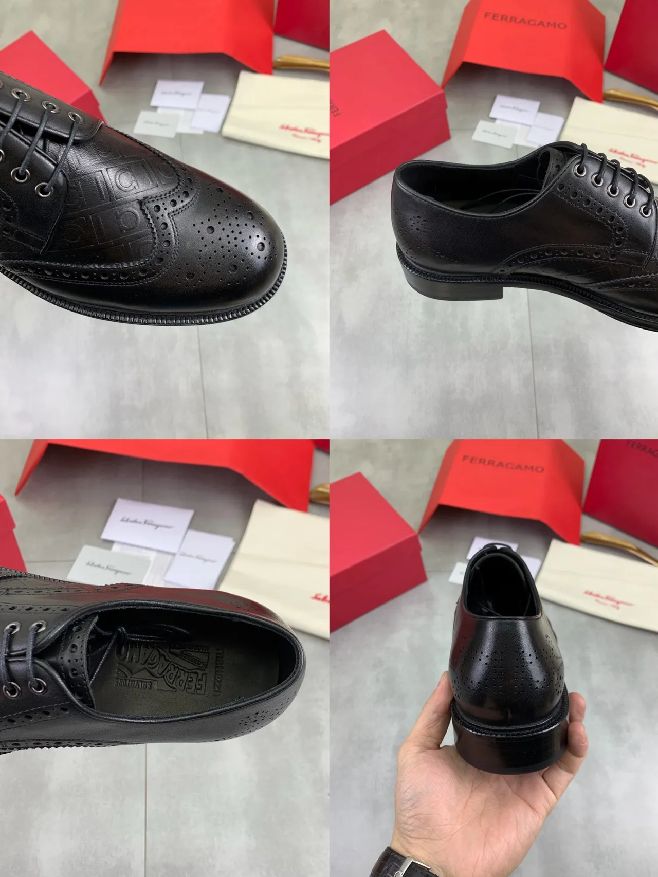 Salvatore Ferragamo Black Full Wingtip Embossed Logo Pattern Brogue