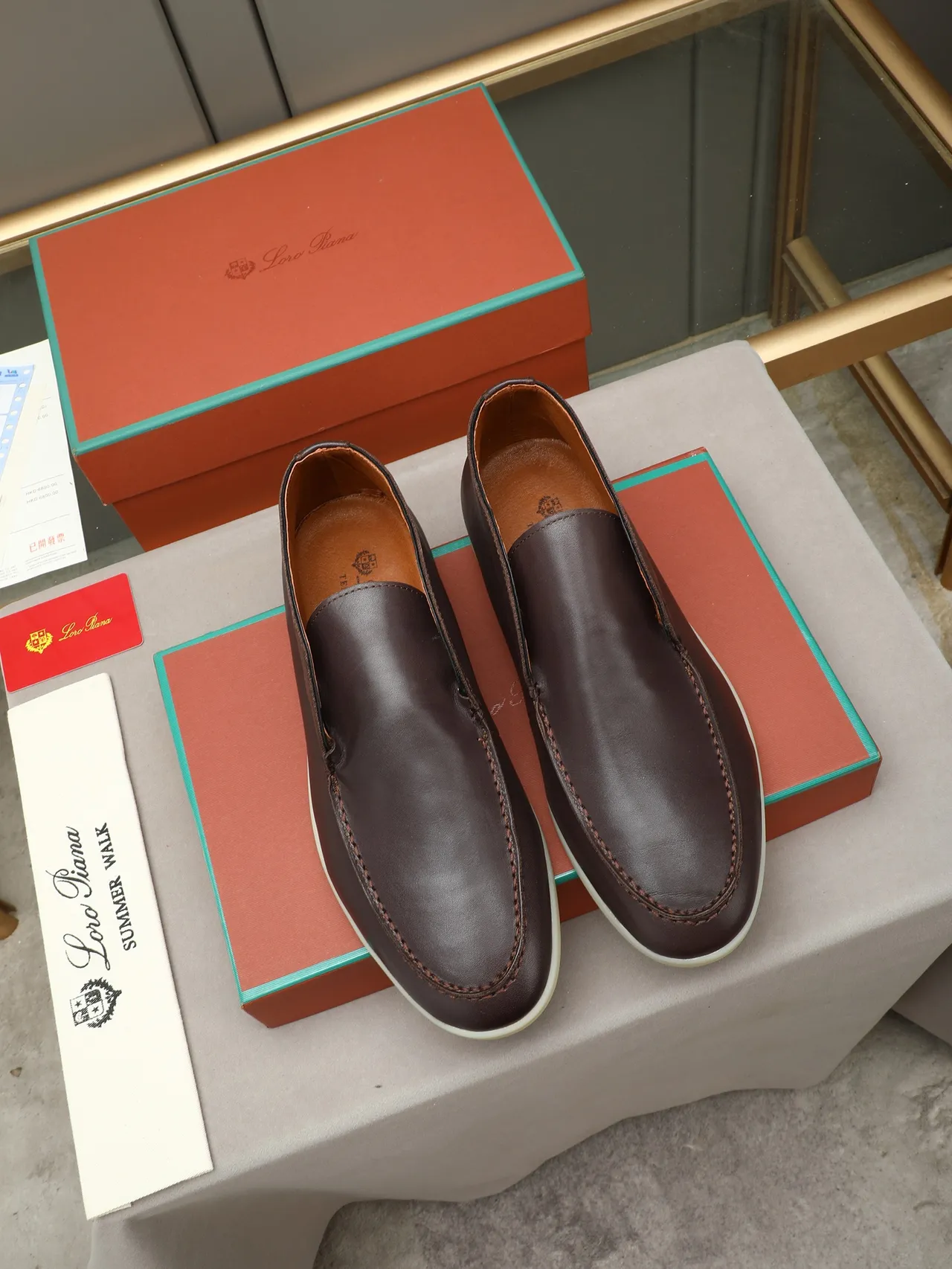 Brown Beige Slip-On Moc-Toe Stitched Loafer