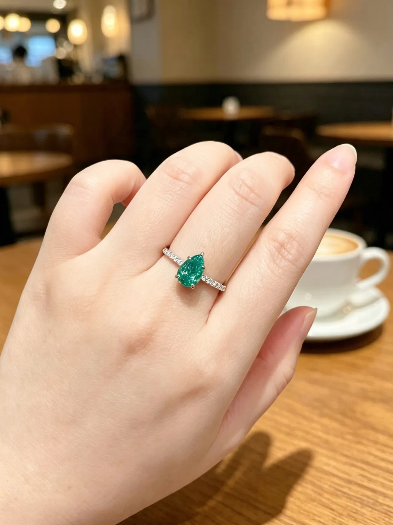 Pear-Shaped Green Gemstone Pavé Diamond Ring