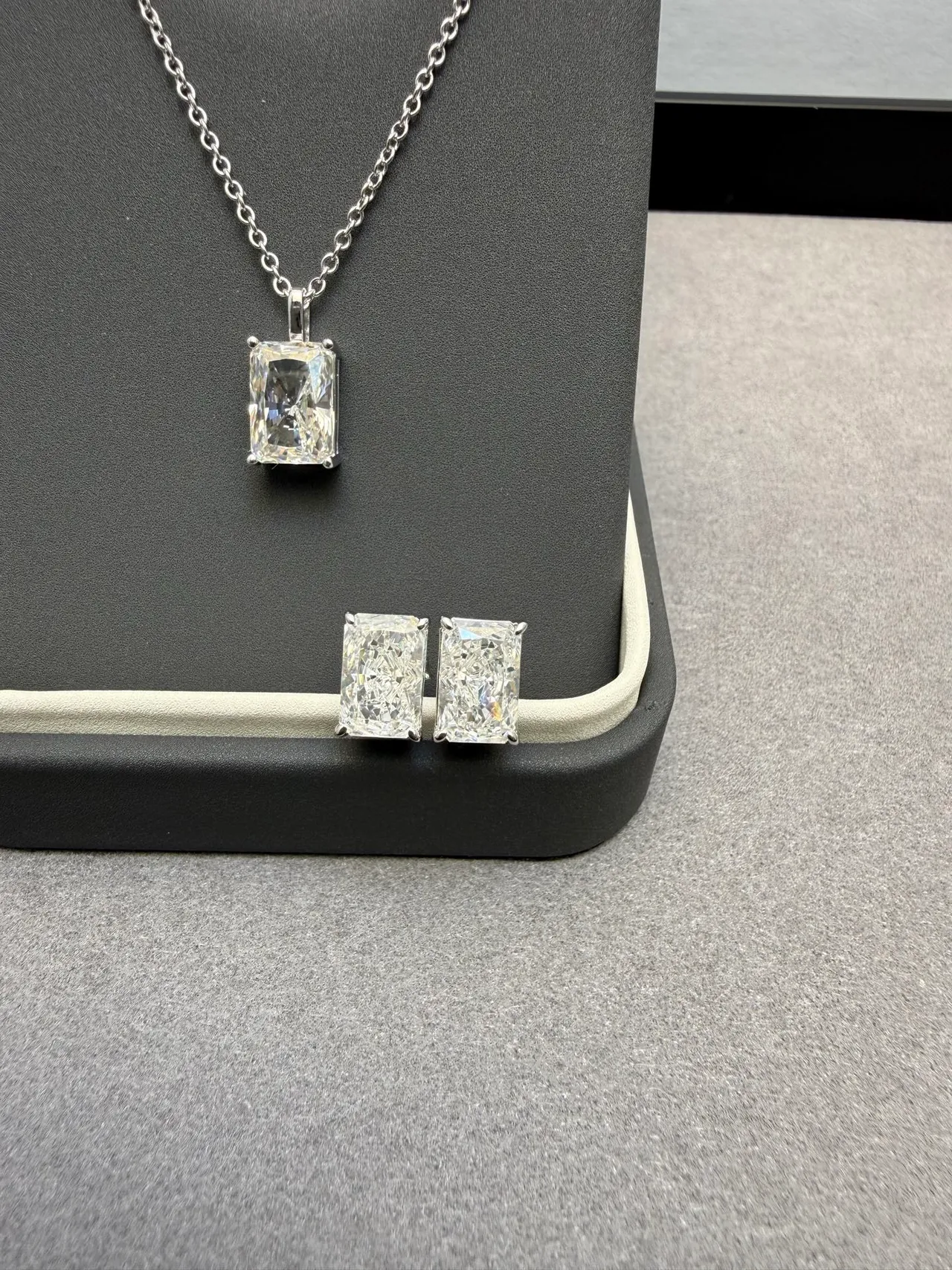 Silver Transparent Emerald-Cut Stones Prong-Set Earrings