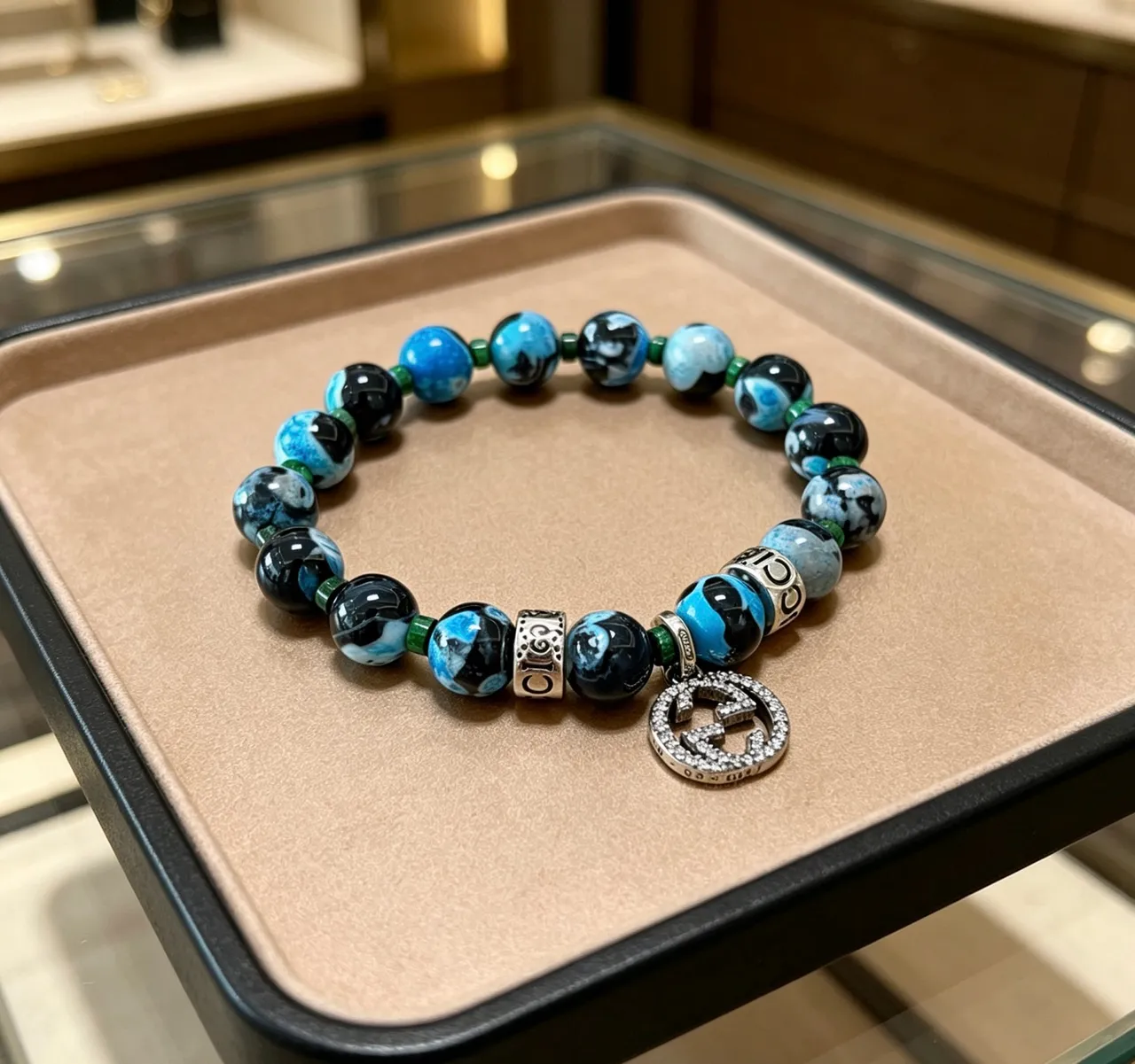 Gucci Blue Black Marbled Agate-Style Beads Pavé Crystal GG Charm Bracelet