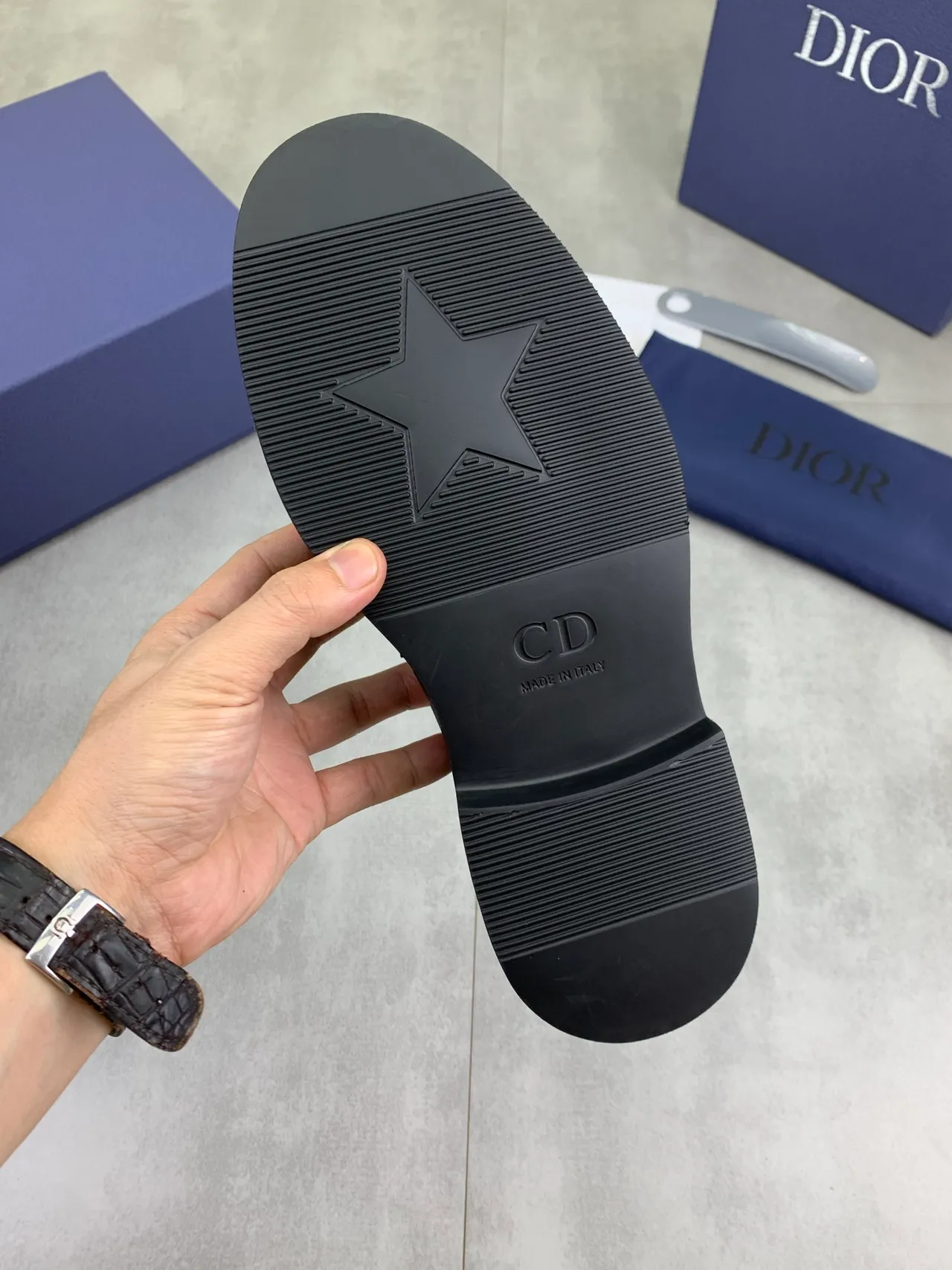 Dior Black Beige Textured Leather D-Shaped Metal Buckle Loafer