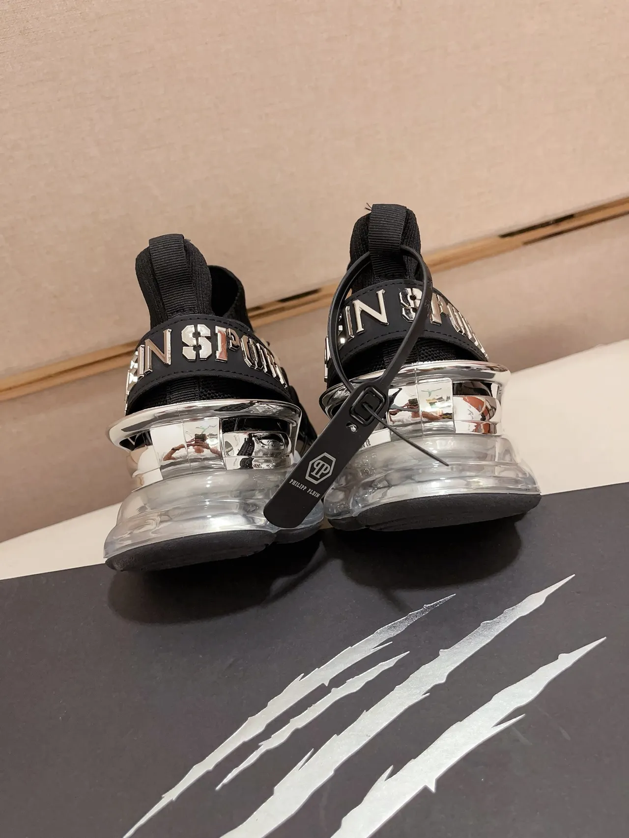 Philipp Plein Black White Knit Sock-Like Upper Metallic D-Ring Lacing System Chunky Sneakers