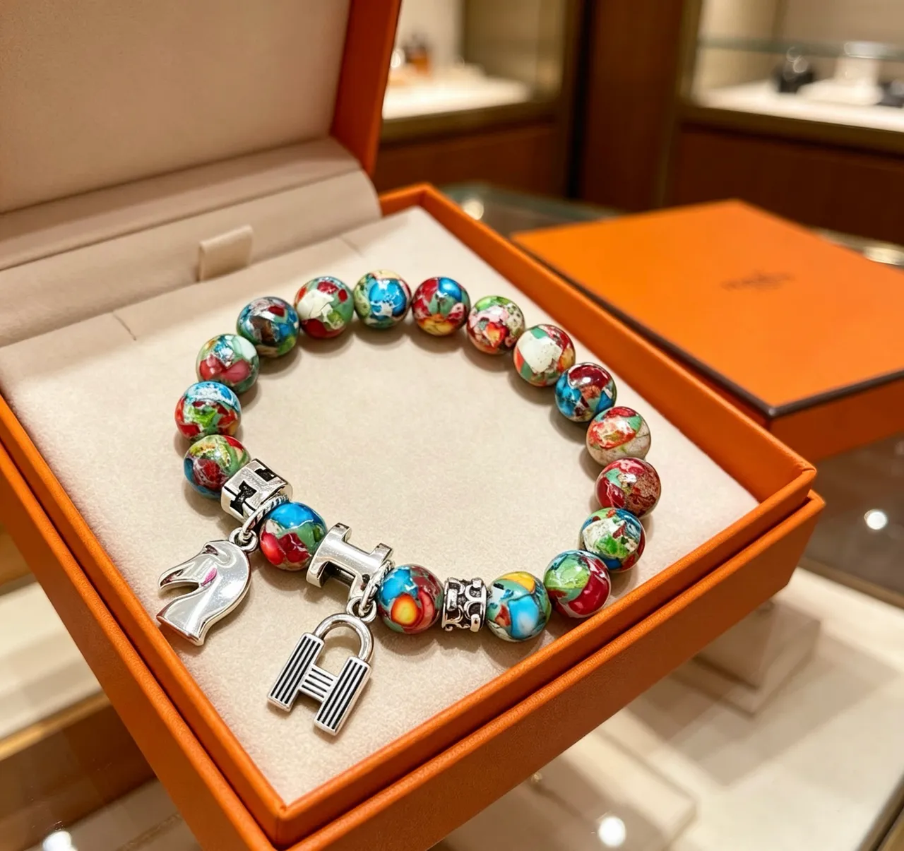 Hermès H Charm Bracelet Multicolor Enamel Bead Bracelet