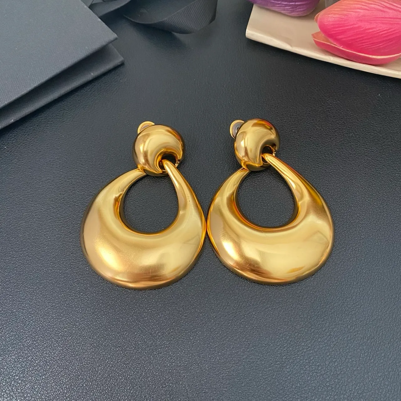 Saint Laurent Gold Sculptural Teardrop Hoop Earrings