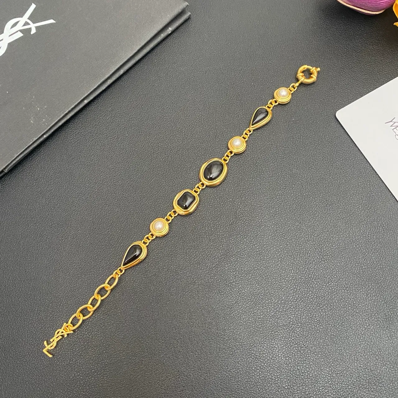 Saint Laurent Gold-Tone Black Stone and Pearl Link Bracelet