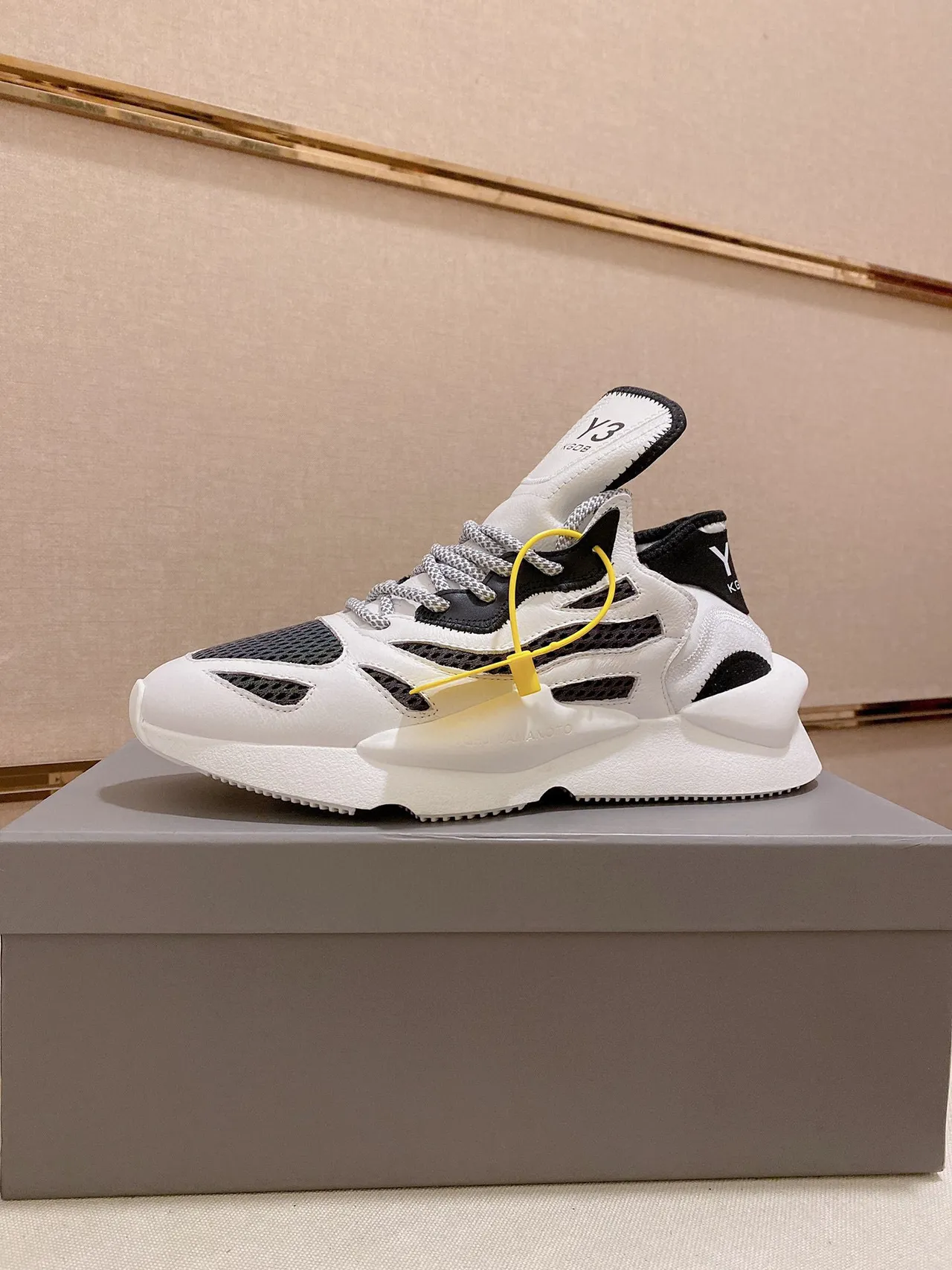 Y-3 Kobo White Black Sculpted Midsole Mesh-and-Leather Overlay Chunky Sneakers