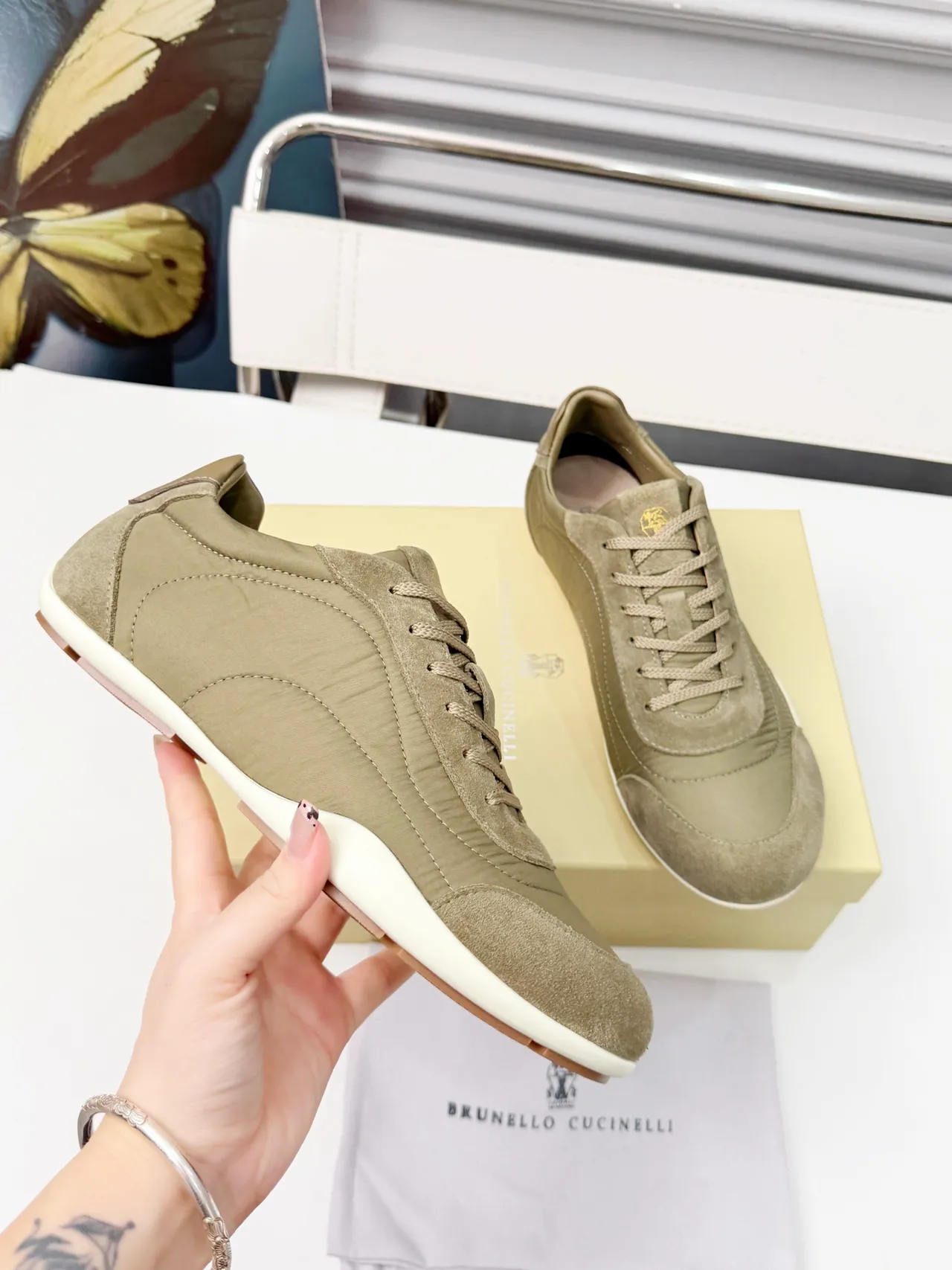 Brunello Cucinelli Olive Green Suede and Textile Lifestyle Sneakers