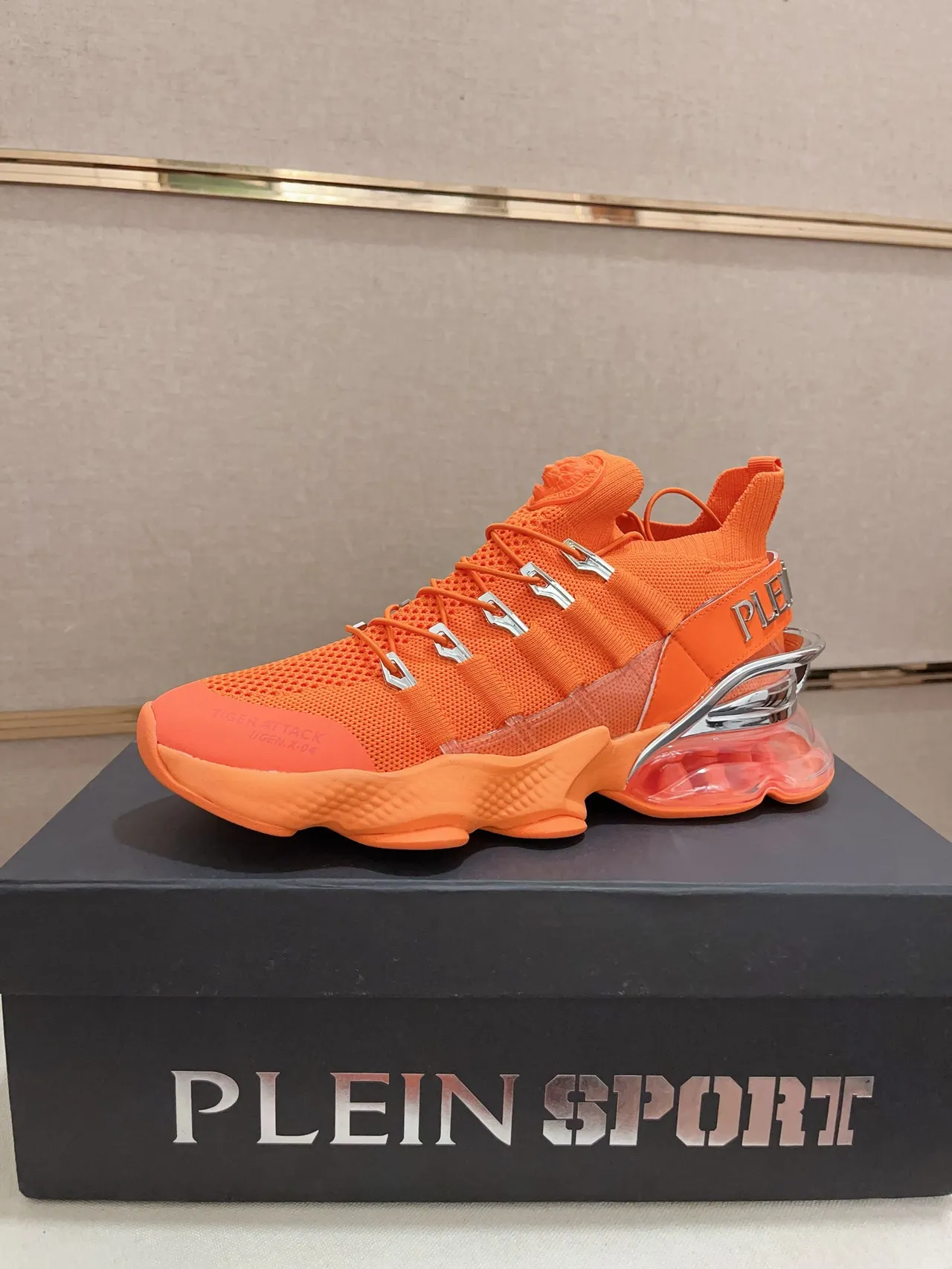 Philipp Plein Orange Silver Knit Upper Sculpted Midsole Chunky Sneakers