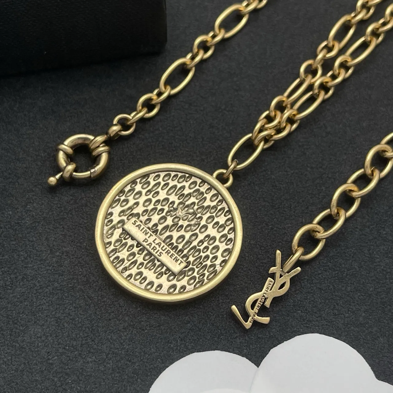 Saint Laurent Gold Silver Chunky Oval-Link Chain Circular Textured Pendant Necklace