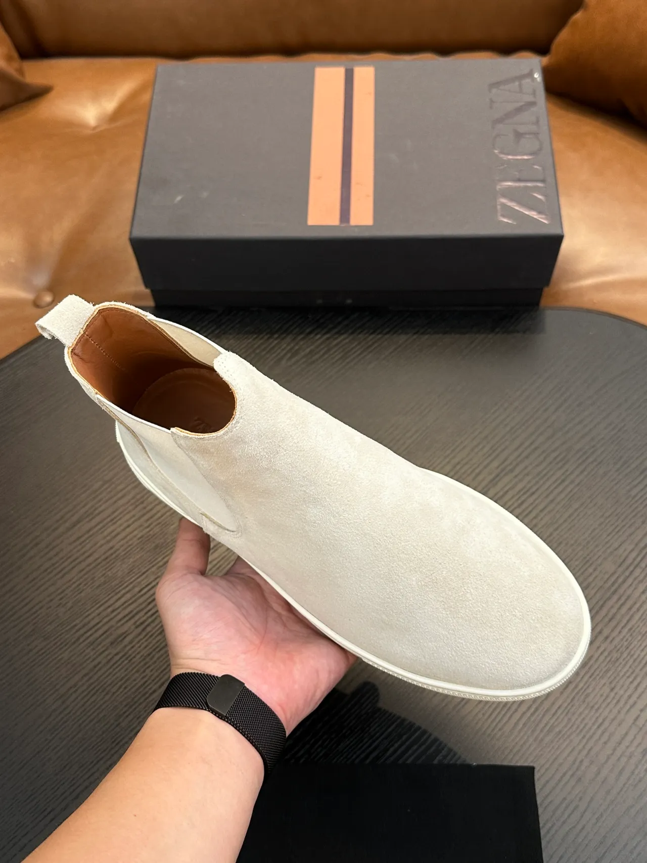 Zegna Beige White Suede Upper Elastic Side Panels Chelsea Boots