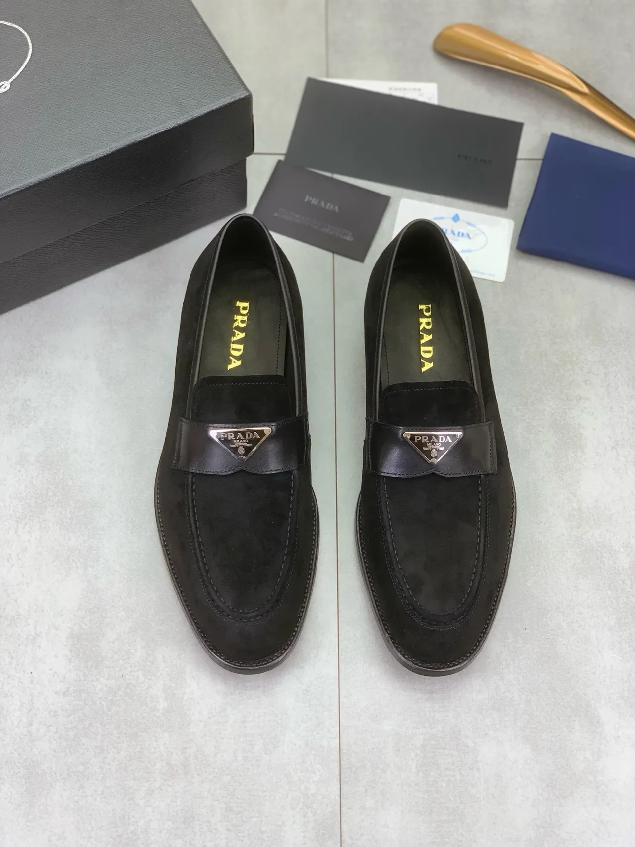 Prada Loafer Black Suede Upper Leather Strap Loafer