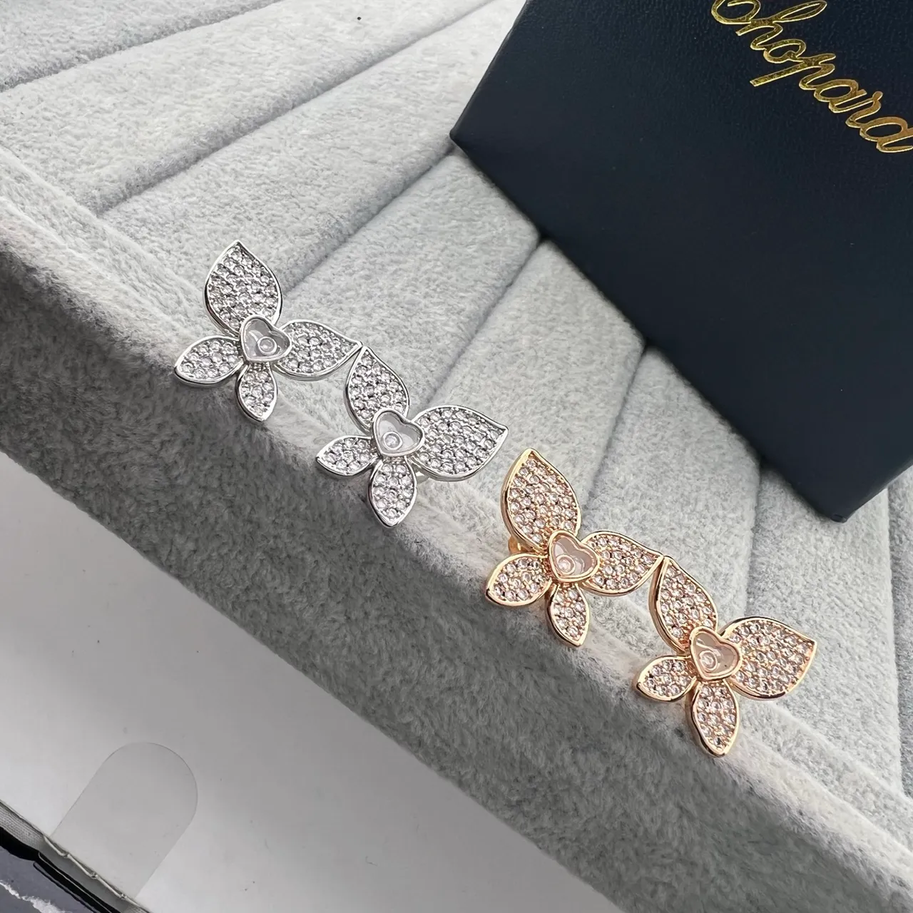 Chopard Happy Hearts Silver Gold Flower-Shaped Pavé-Set Earrings