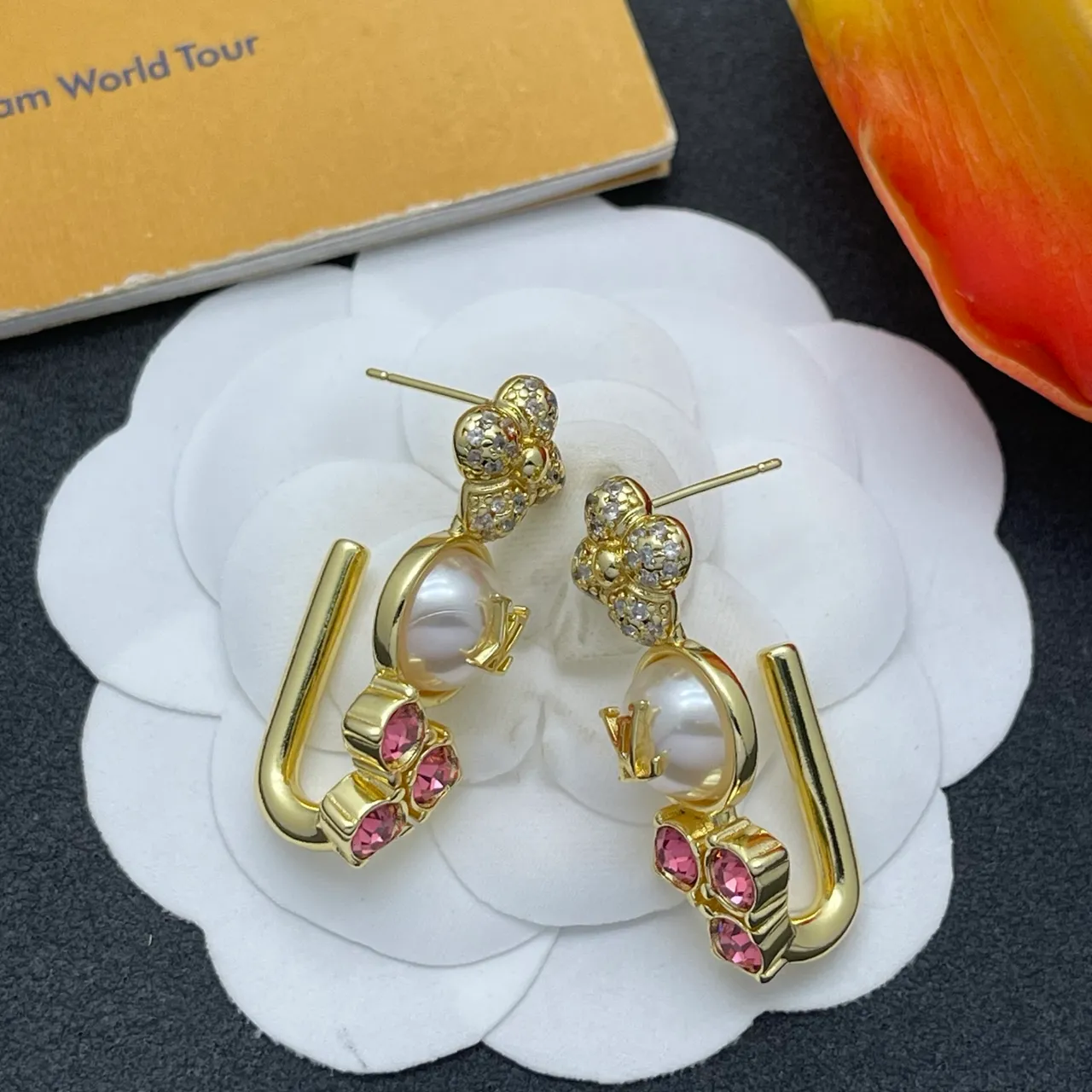 Louis Vuitton Gold Pink Floral-Top Pearl-Drop Earrings