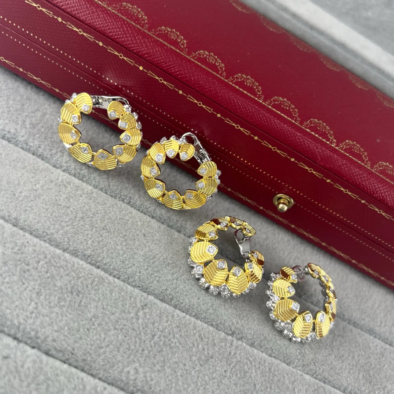 Cartier Gold Silver Textured Segmented Hoops Pavé-Set Diamonds Earrings