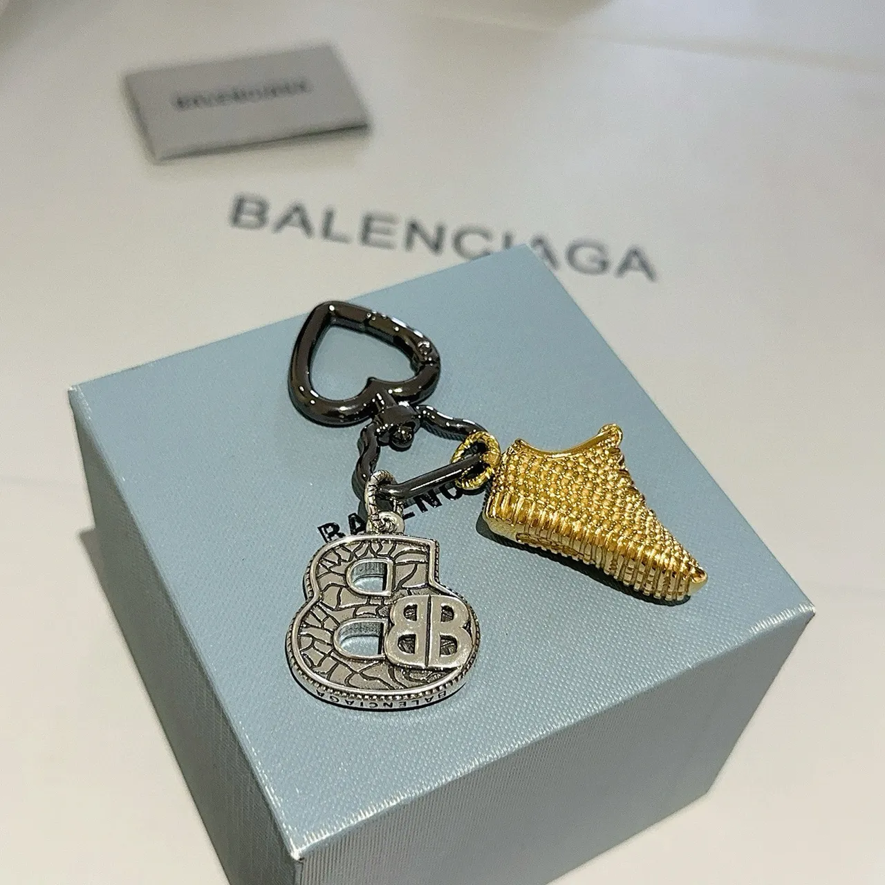 Balenciaga Gold Silver Miniature Sneaker Charm Heart-Shaped BB Logo Bracelet