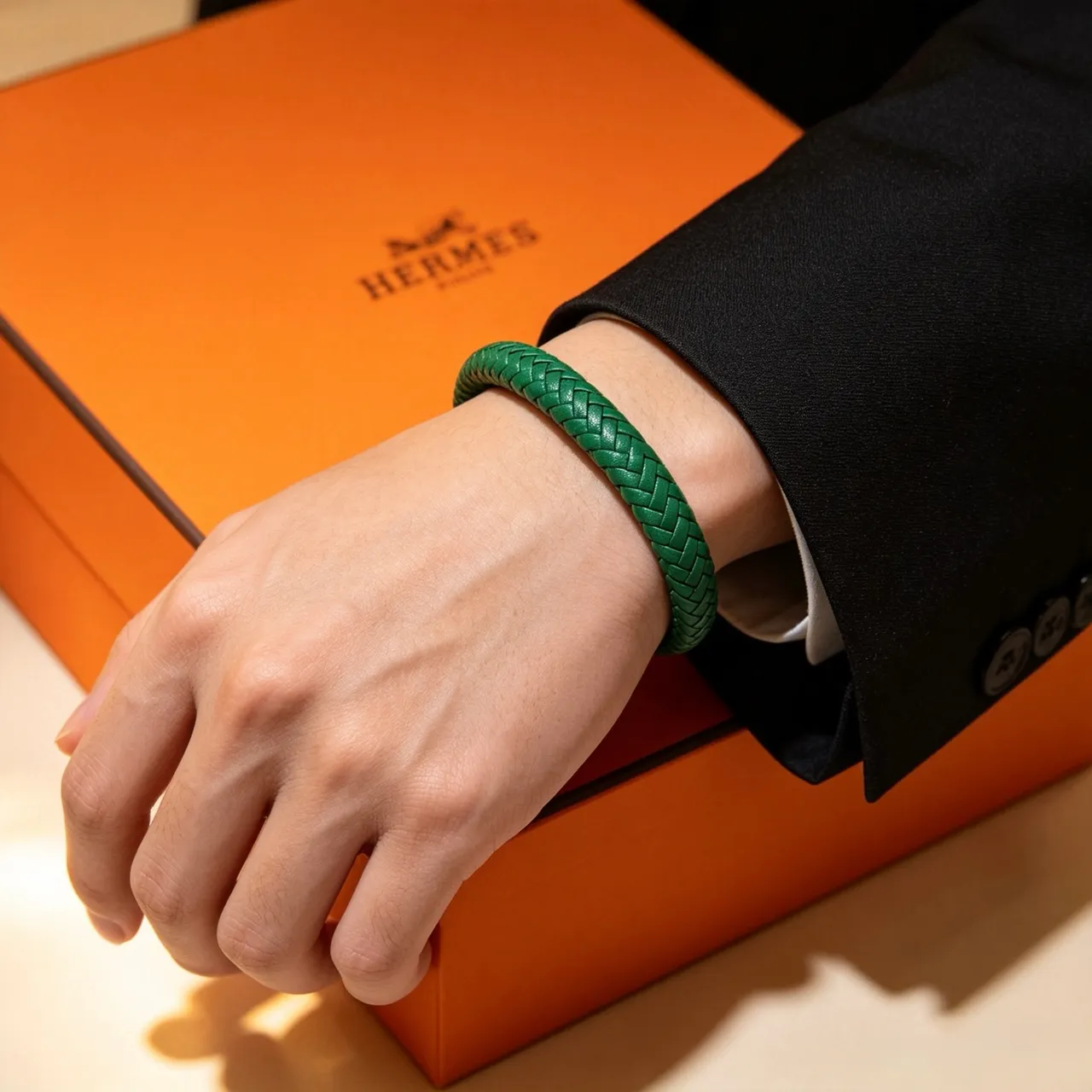 Hermès Green Silver Braided Leather Magnetic Clasp Bracelet