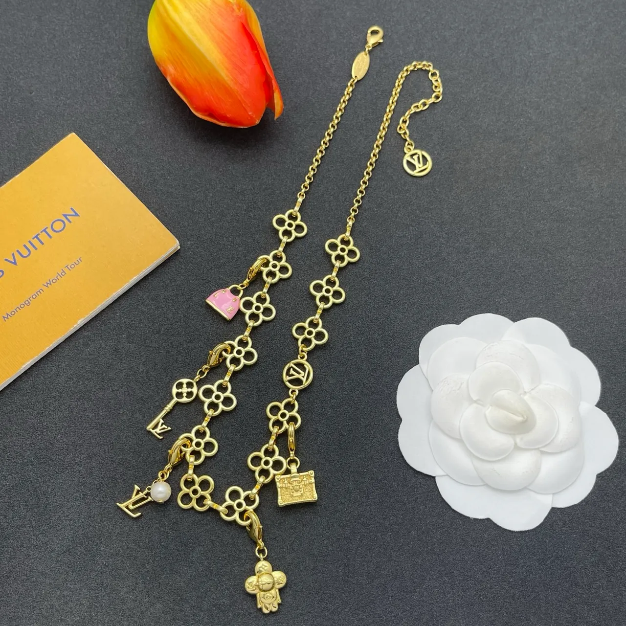 Louis Vuitton Gold Pink Floral-Link Chain Multi-Charm Pendant Design Necklace