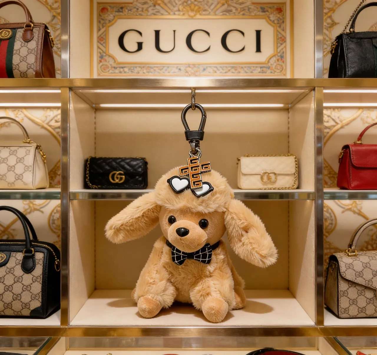 Gucci Beige Black Plush Dog Silhouette Checkered Bow Tie Phone Accessory