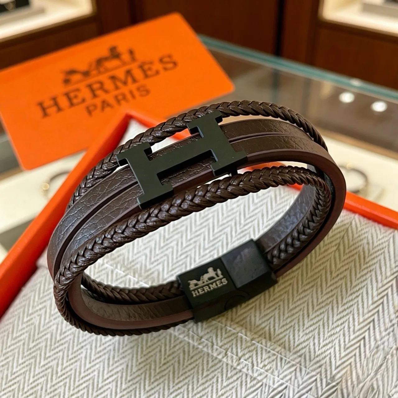Hermès Brown Black Braided Leather Double-Wrap Bracelet