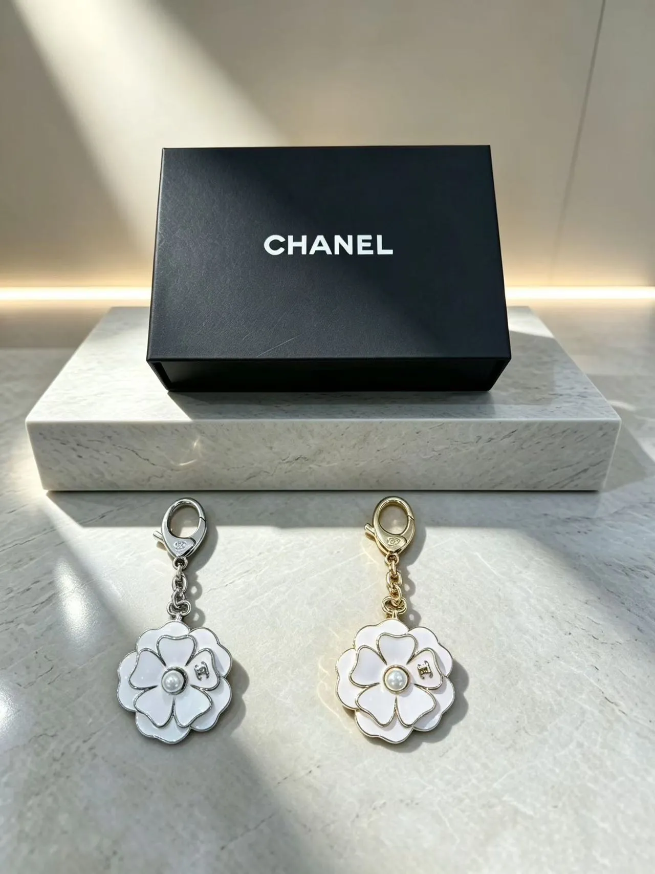 Chanel Camellia Flower Enamel Pearl Keychain Brooch