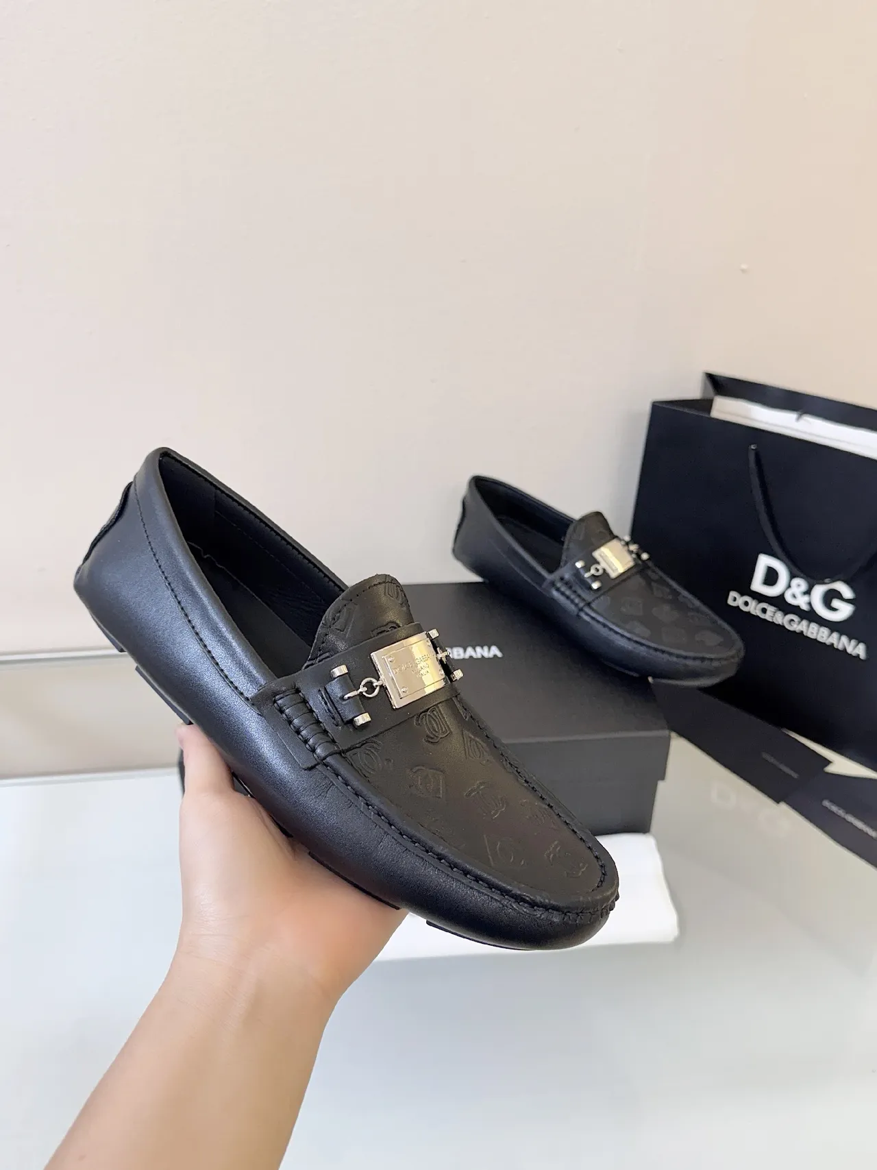 Dolce & Gabbana Portofino Embossed Monogram Black Leather Loafers