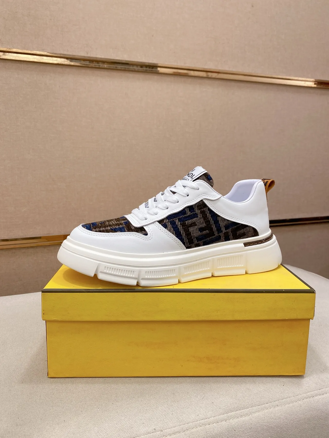 Fendi White Brown Platform Sole FF Monogram Jacquard Upper Chunky Sneakers