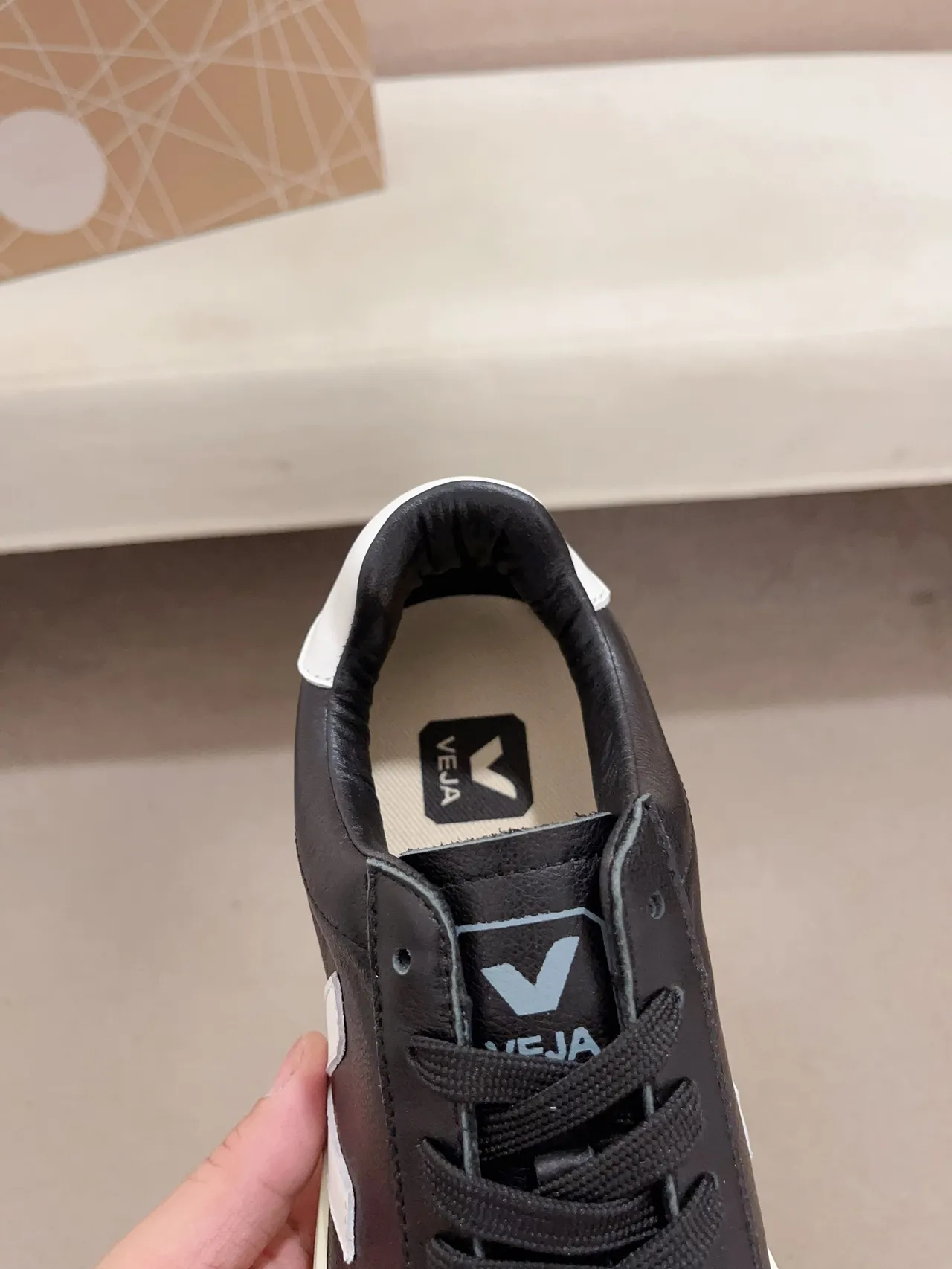 VEJA Black White Leather Upper V Logo Lifestyle Sneakers