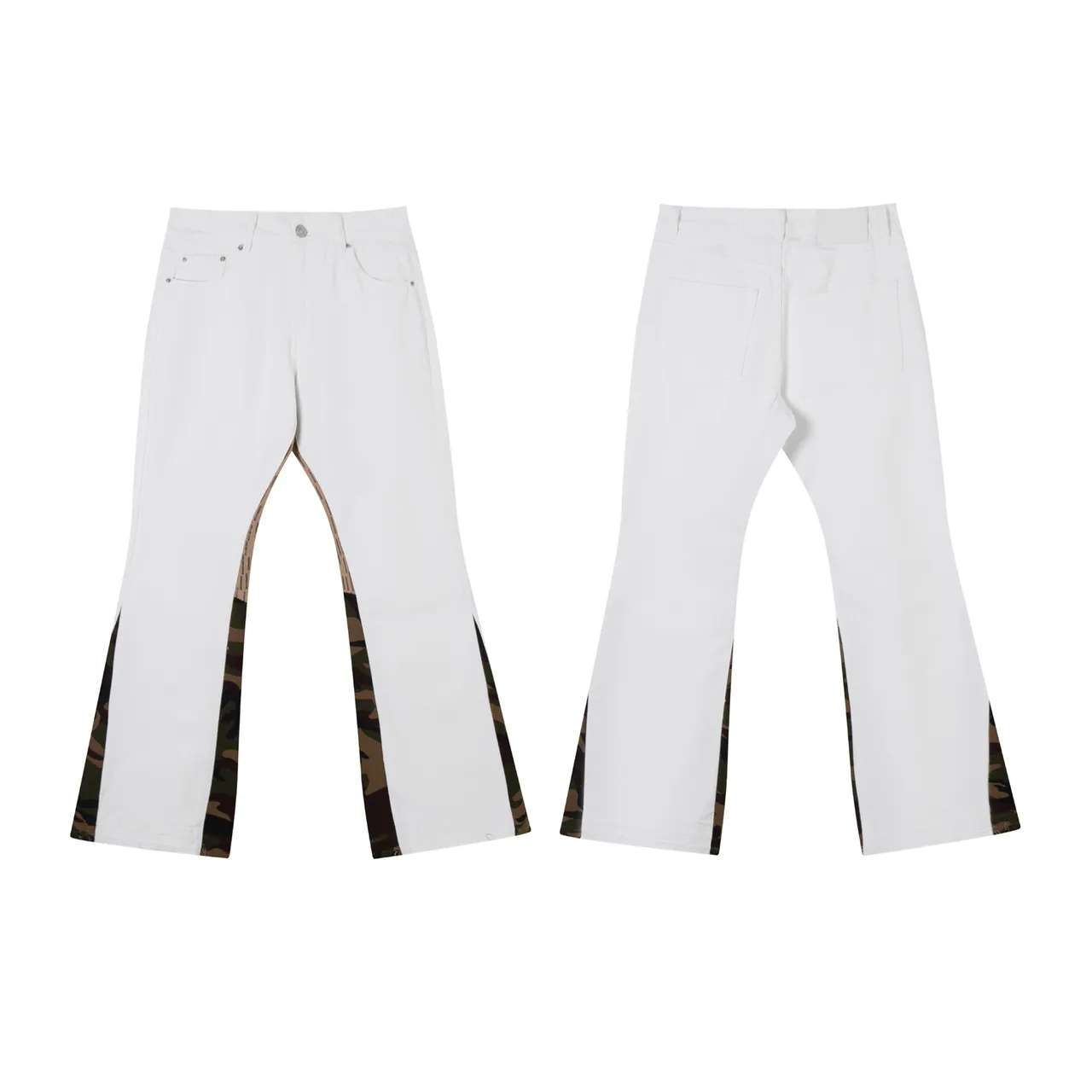 White Army Green Flared Leg Camouflage Side Panels Pants
