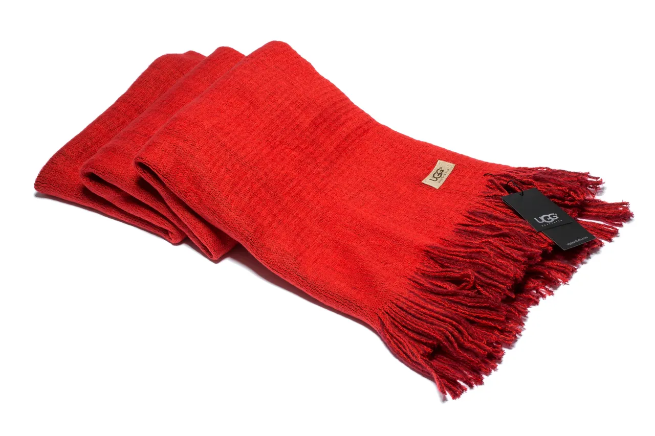 UGG Red Knit Texture Fringed Ends Scarve