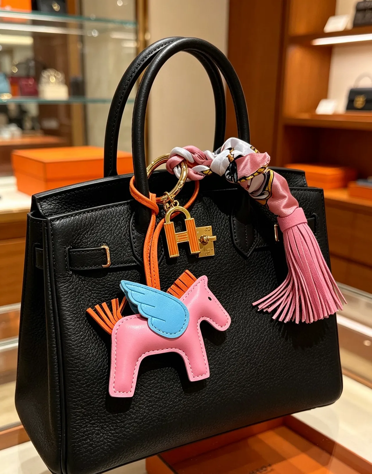 Hermès Grigri Pégase Pink Blue Leather Winged Horse Charm Stitched Silhouette Tote Bag