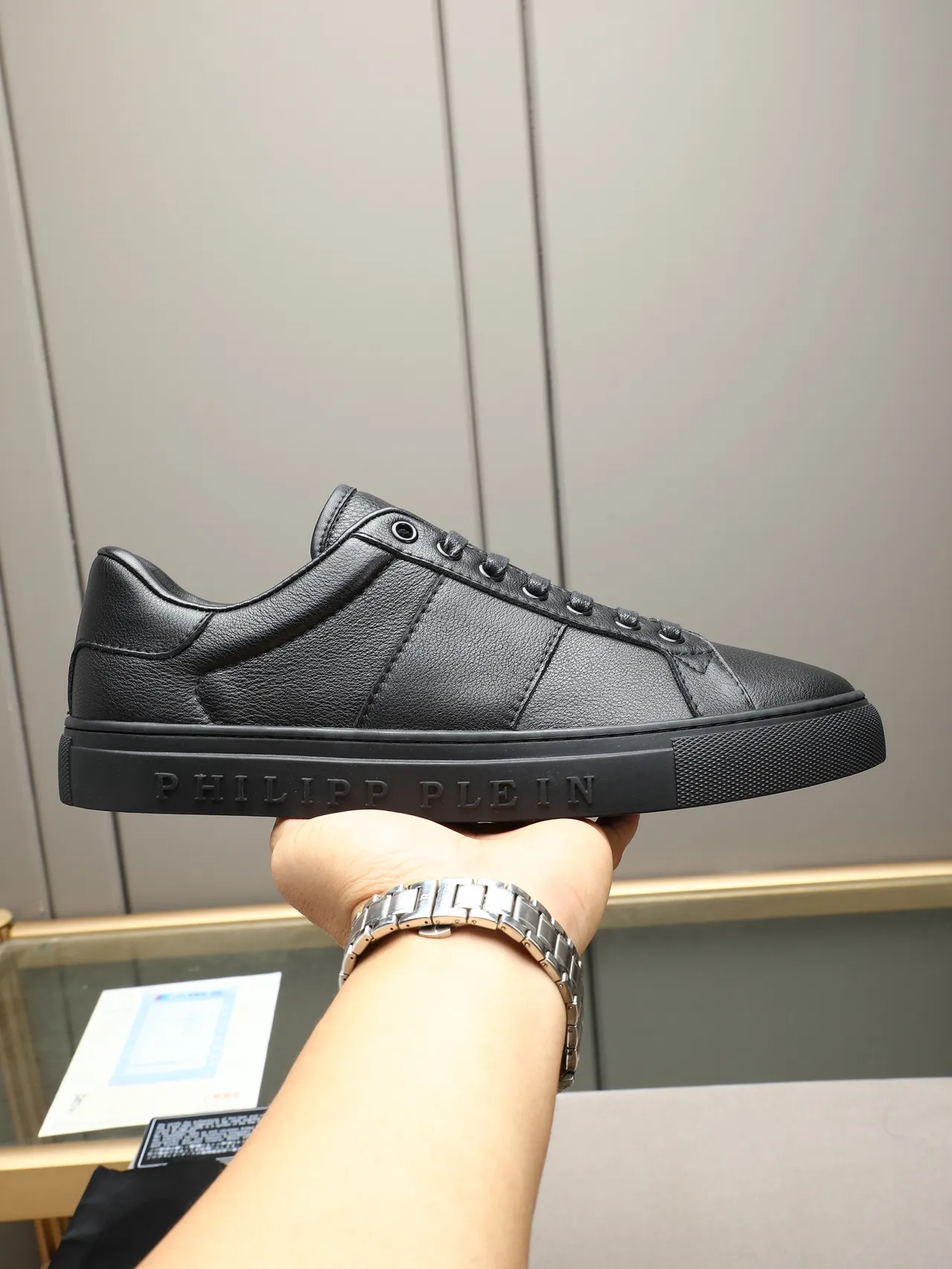 Philipp Plein Black Full-Grain Leather Upper Embossed Sole Branding Lifestyle Sneakers